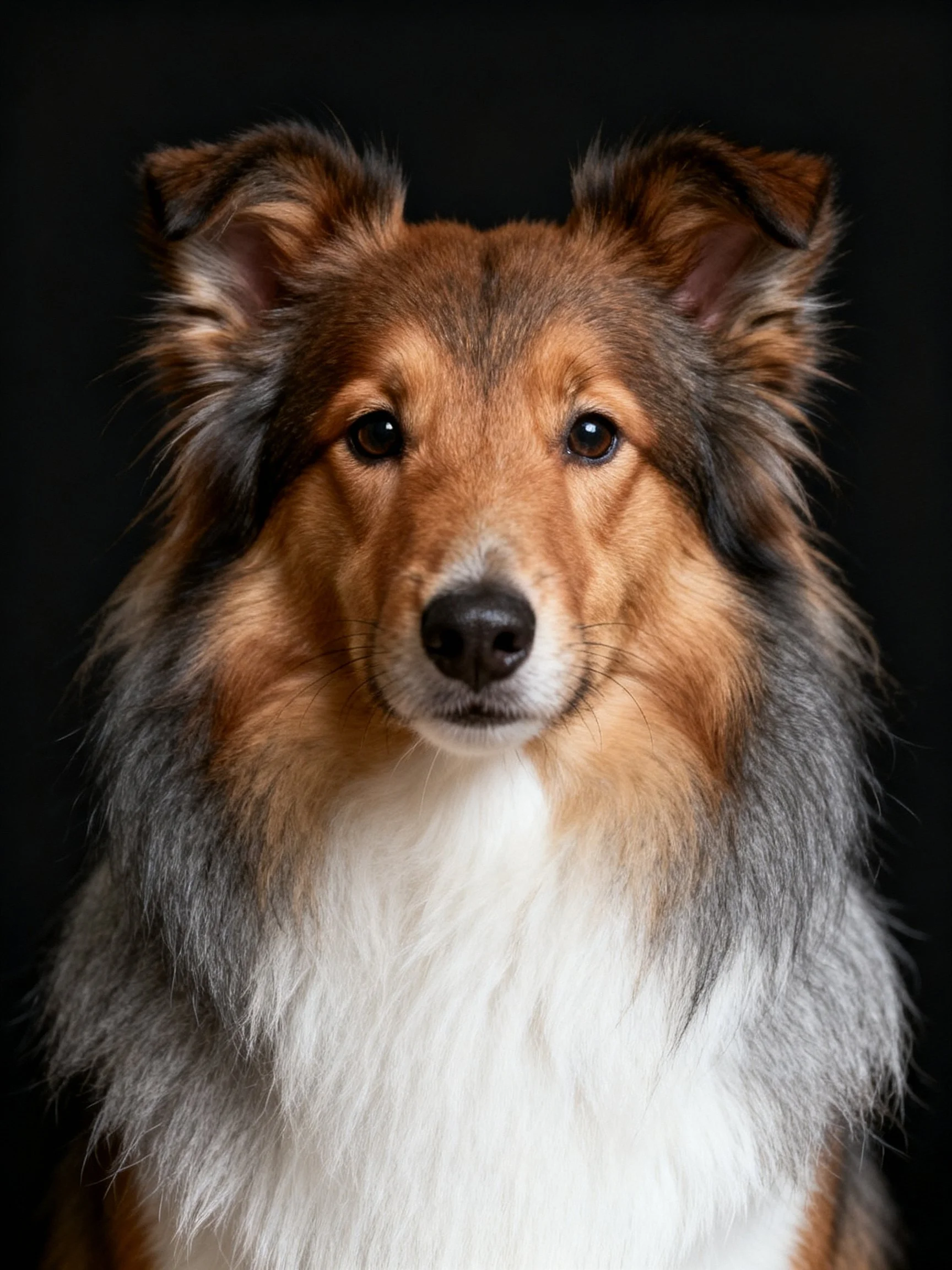 A Sheltie with brown, gray, and white long fur on dark backdrop