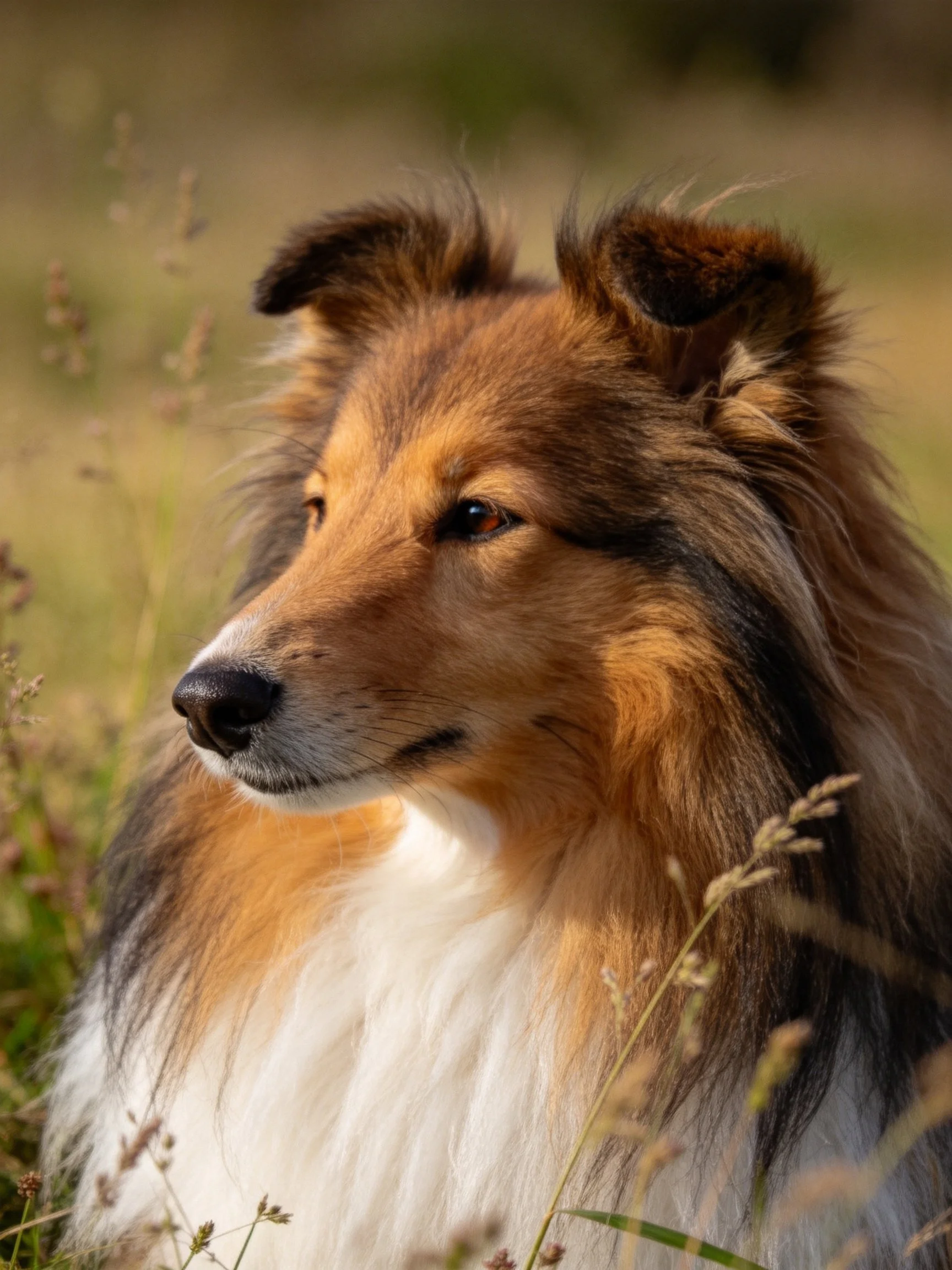 A Sheltie with brown, white, and black fur in a grassy field