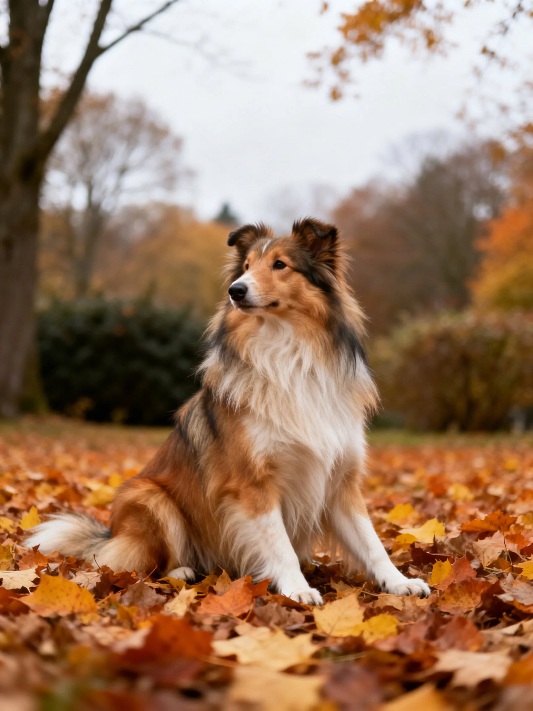 A Shetland Sheepdog sits amid vibrant autumn leaves