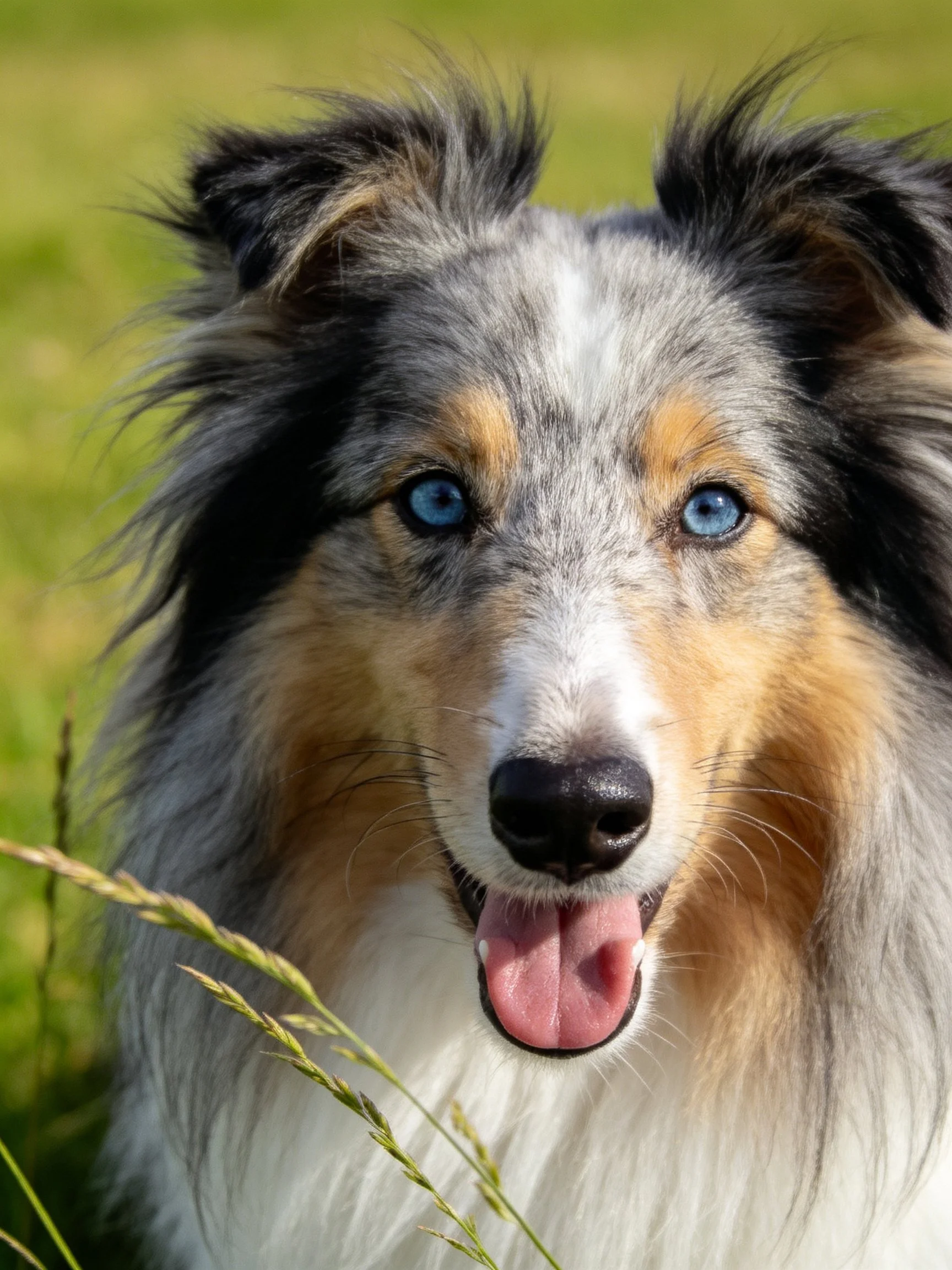 A Shetland Sheepdog with blue eyes and multicolored fur