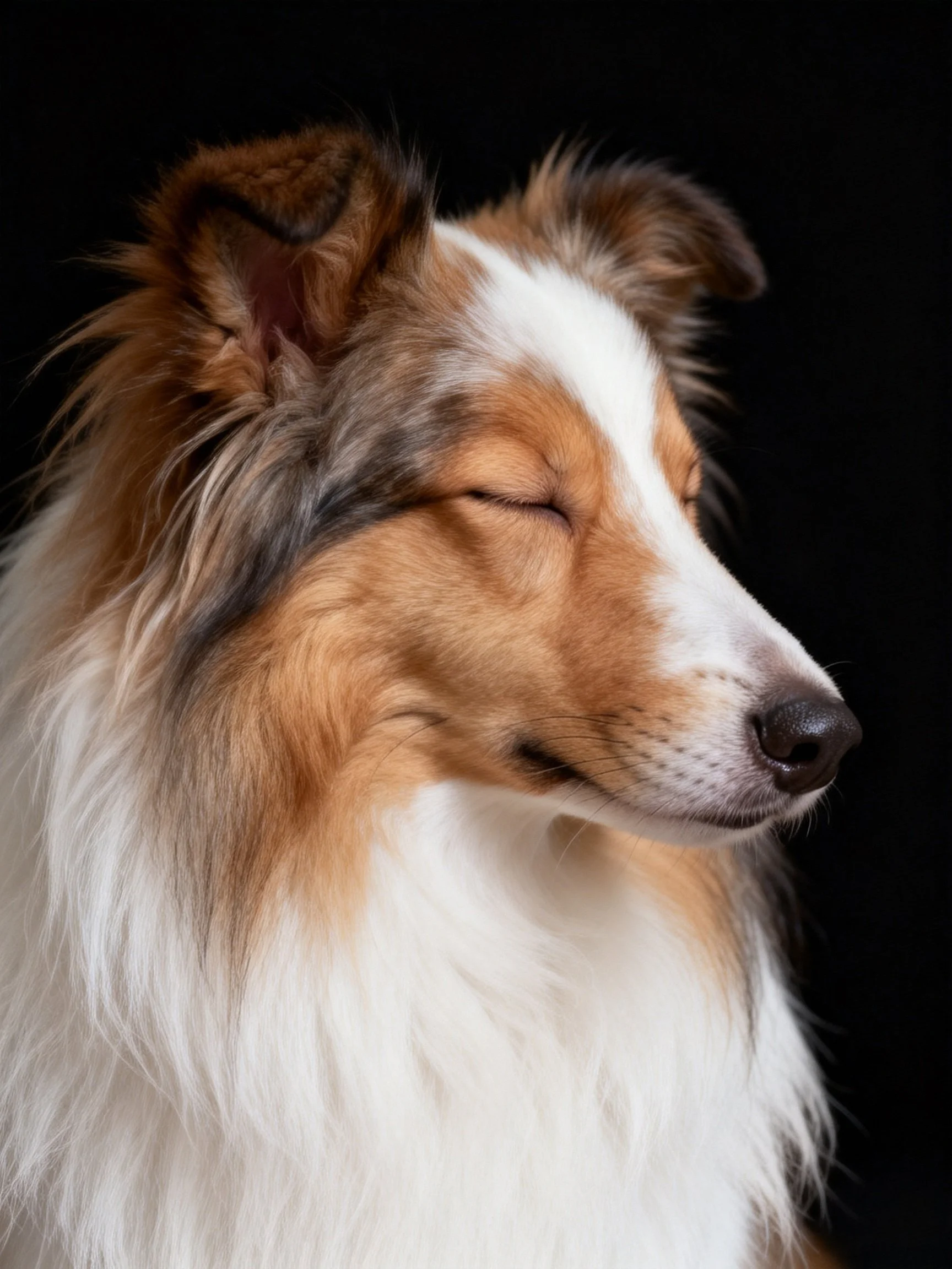 A Shetland Sheepdog with long brown, white, and gray fur, eyes closed