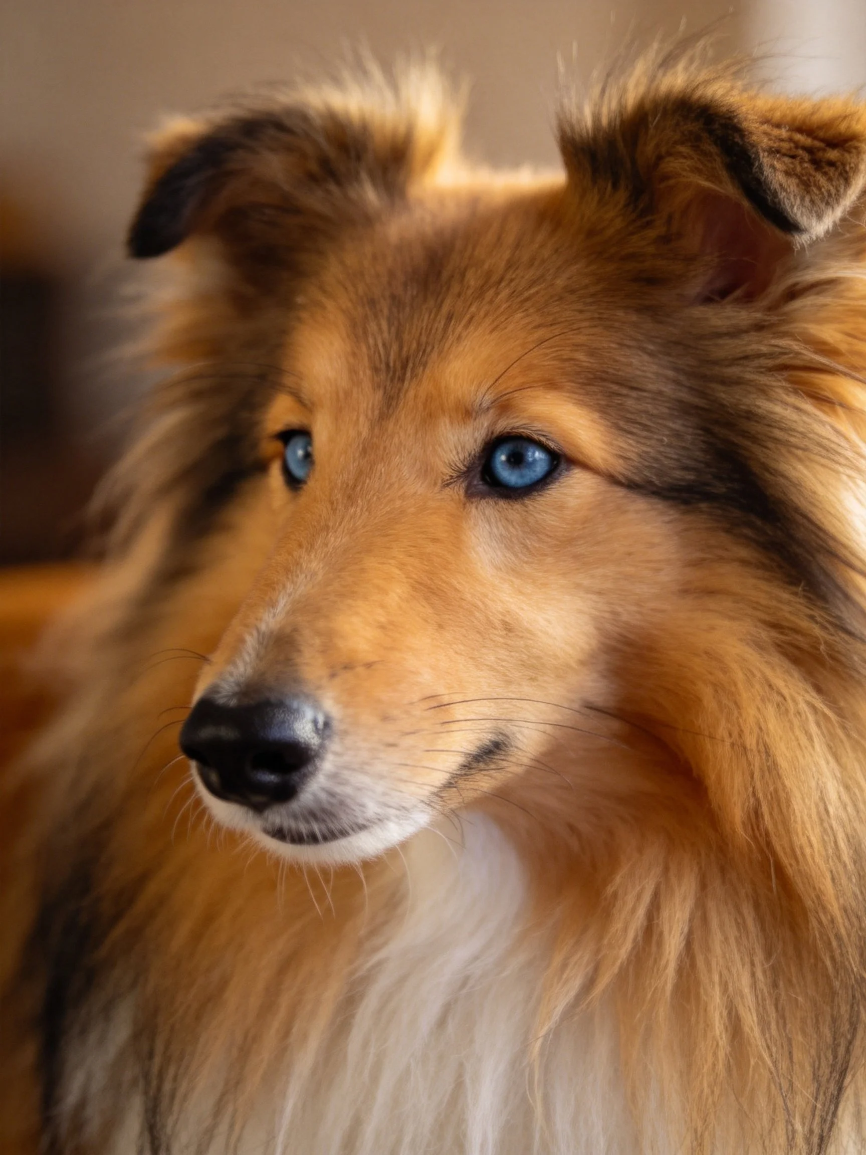 A Shetland Sheepdog with long golden fur and blue eyes