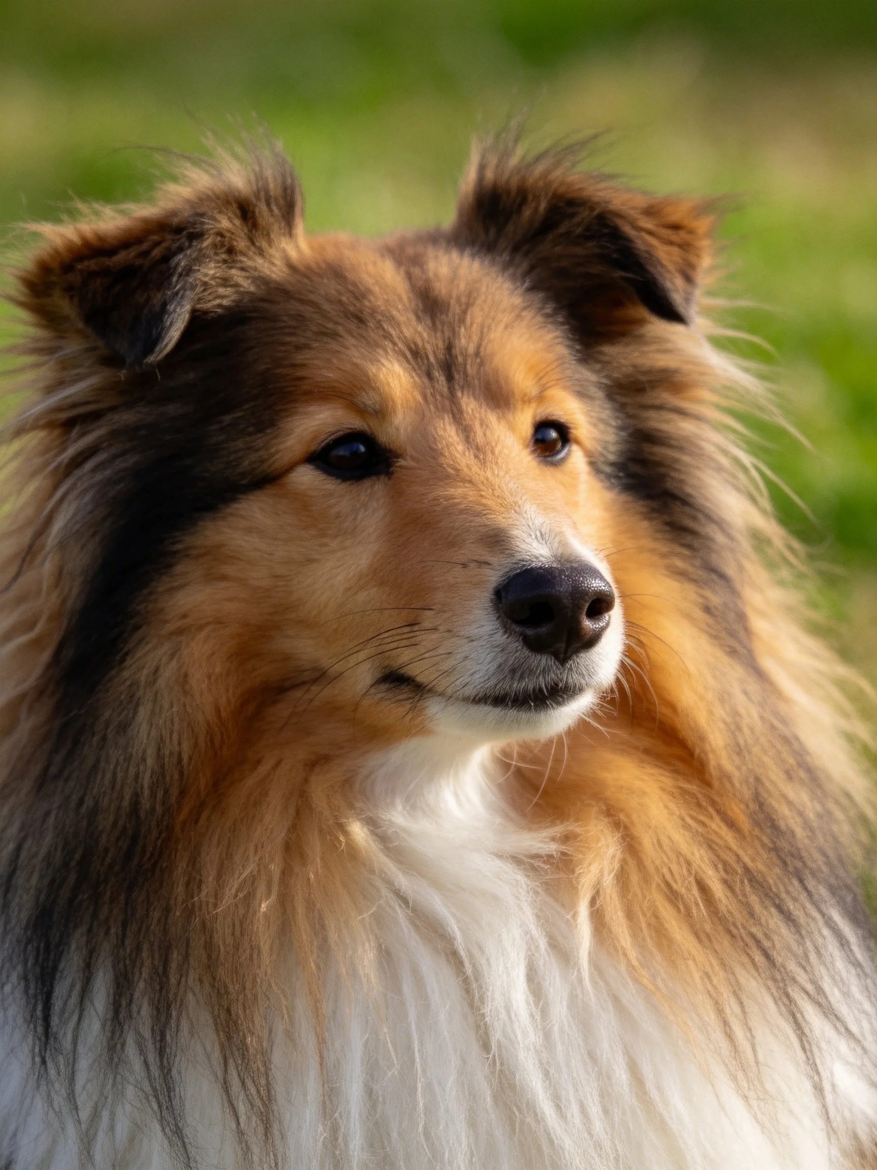 A Shetland Sheepdog with long, multi-colored fur