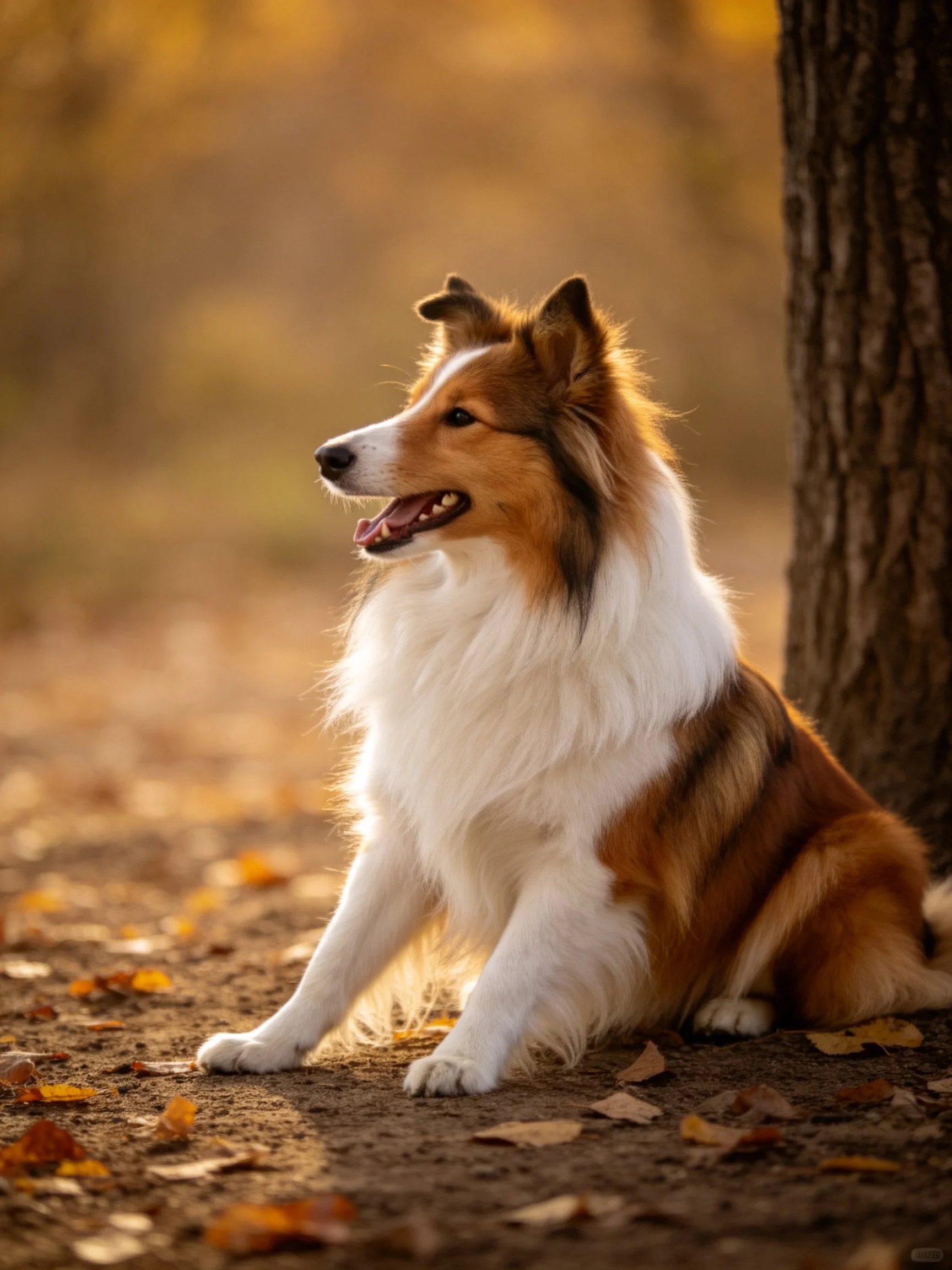 A Shetland sheepdog sits amid golden autumn leaves near a tree trunk