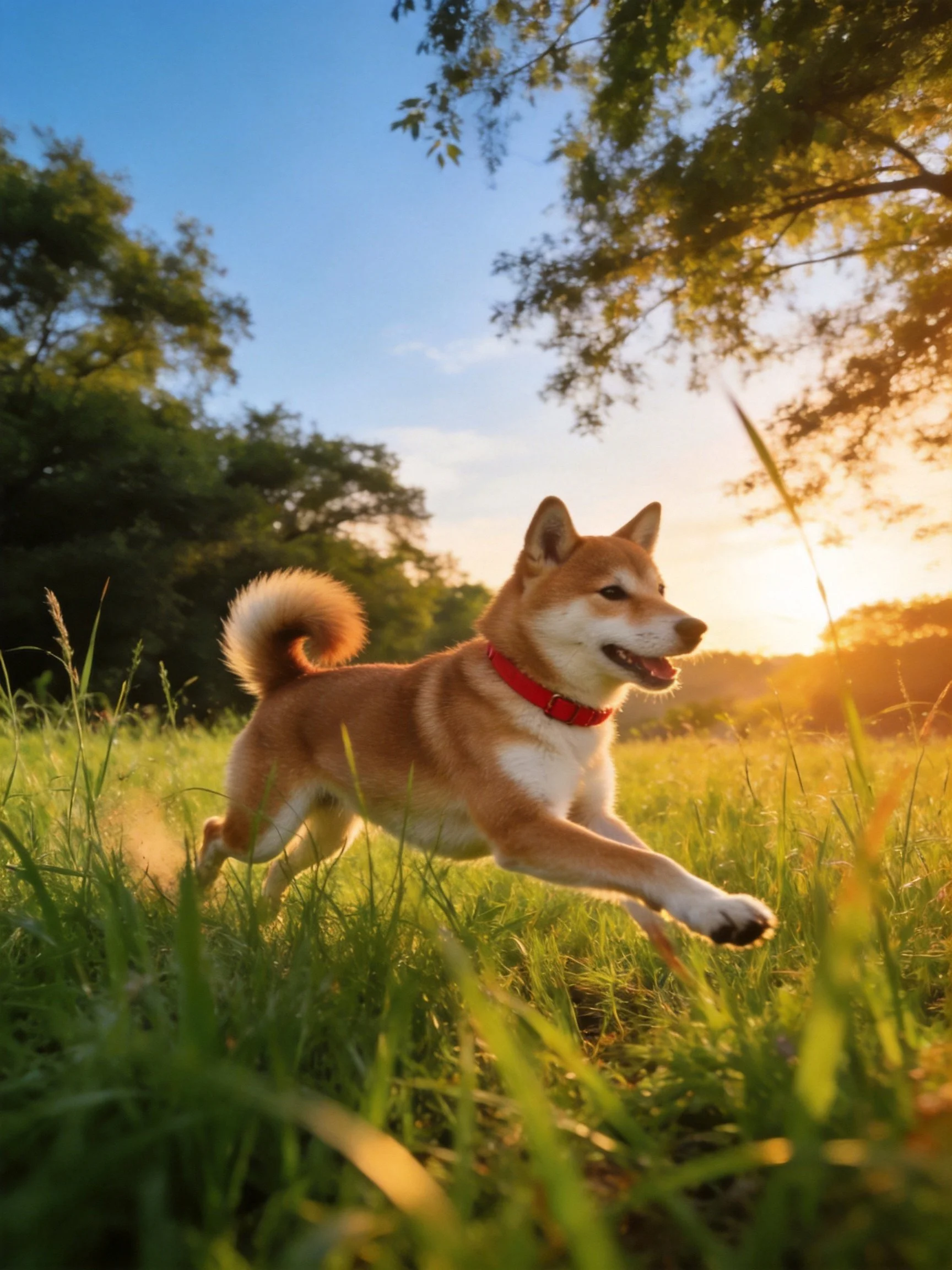 A Shiba Inu dog runs joyfully through tall green grass at sunset