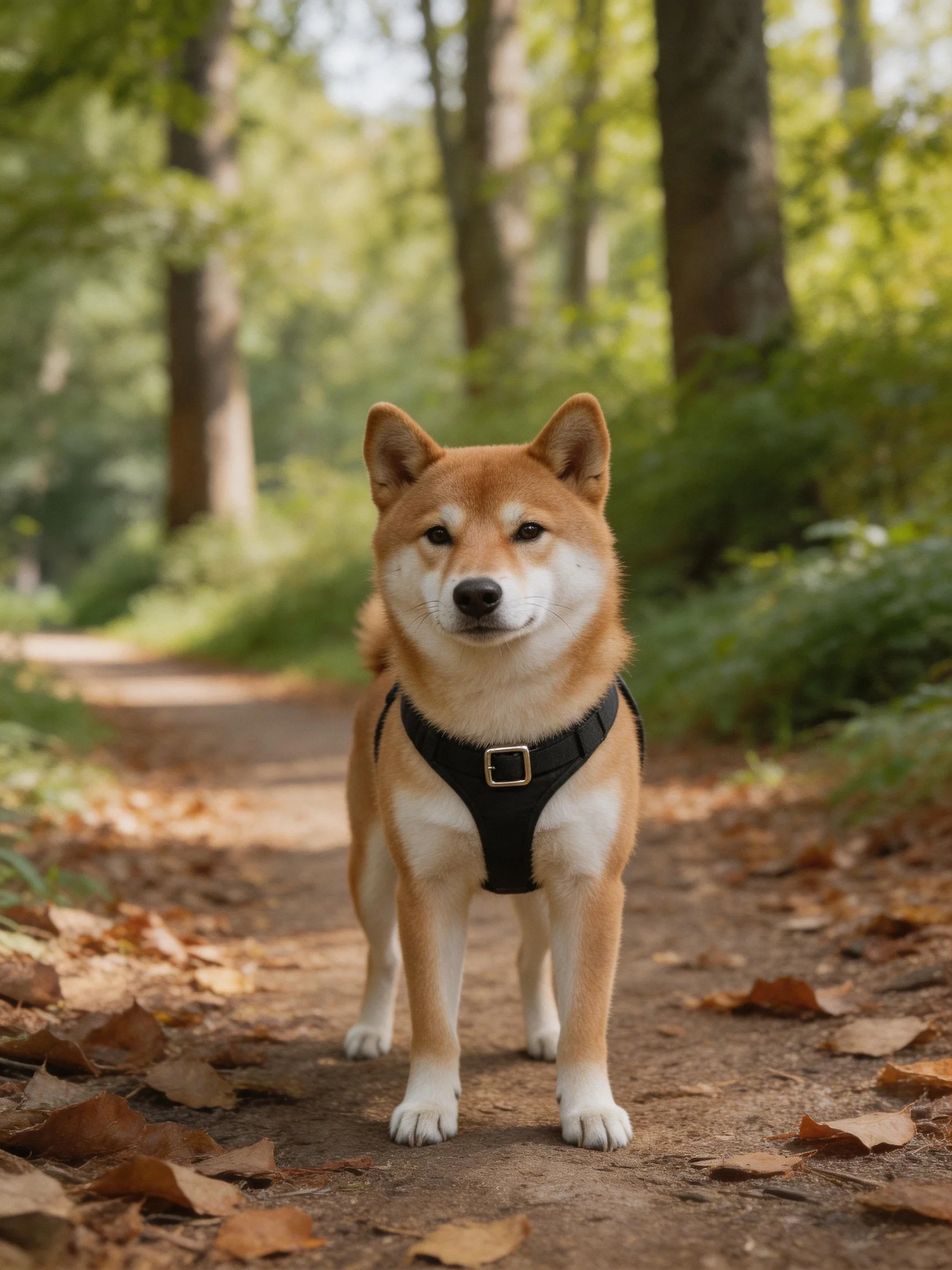 A Shiba Inu dog stands on a leaf-covered forest trail