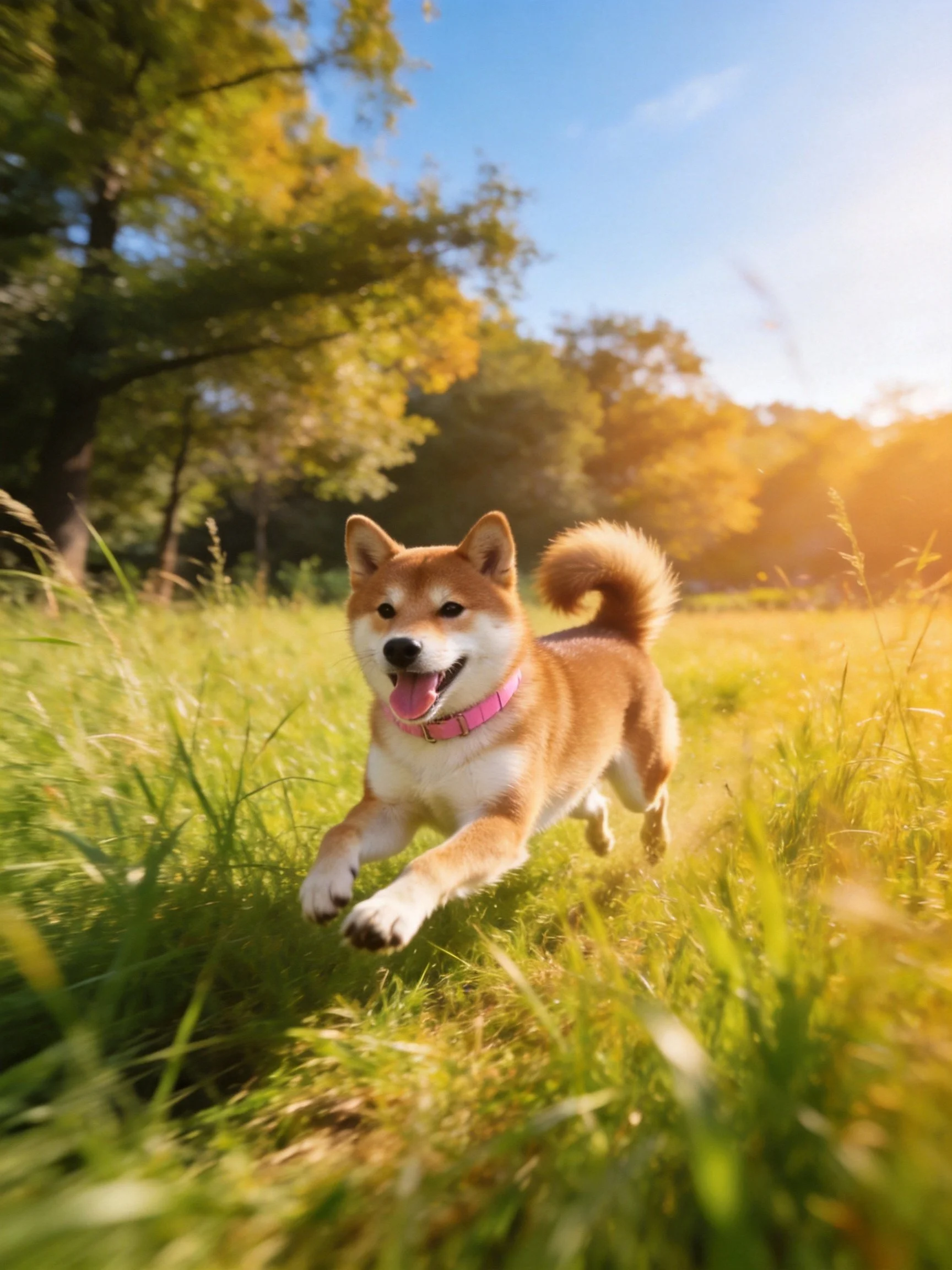 A Shiba Inu dog with a pink collar runs through a sunlit green meadow