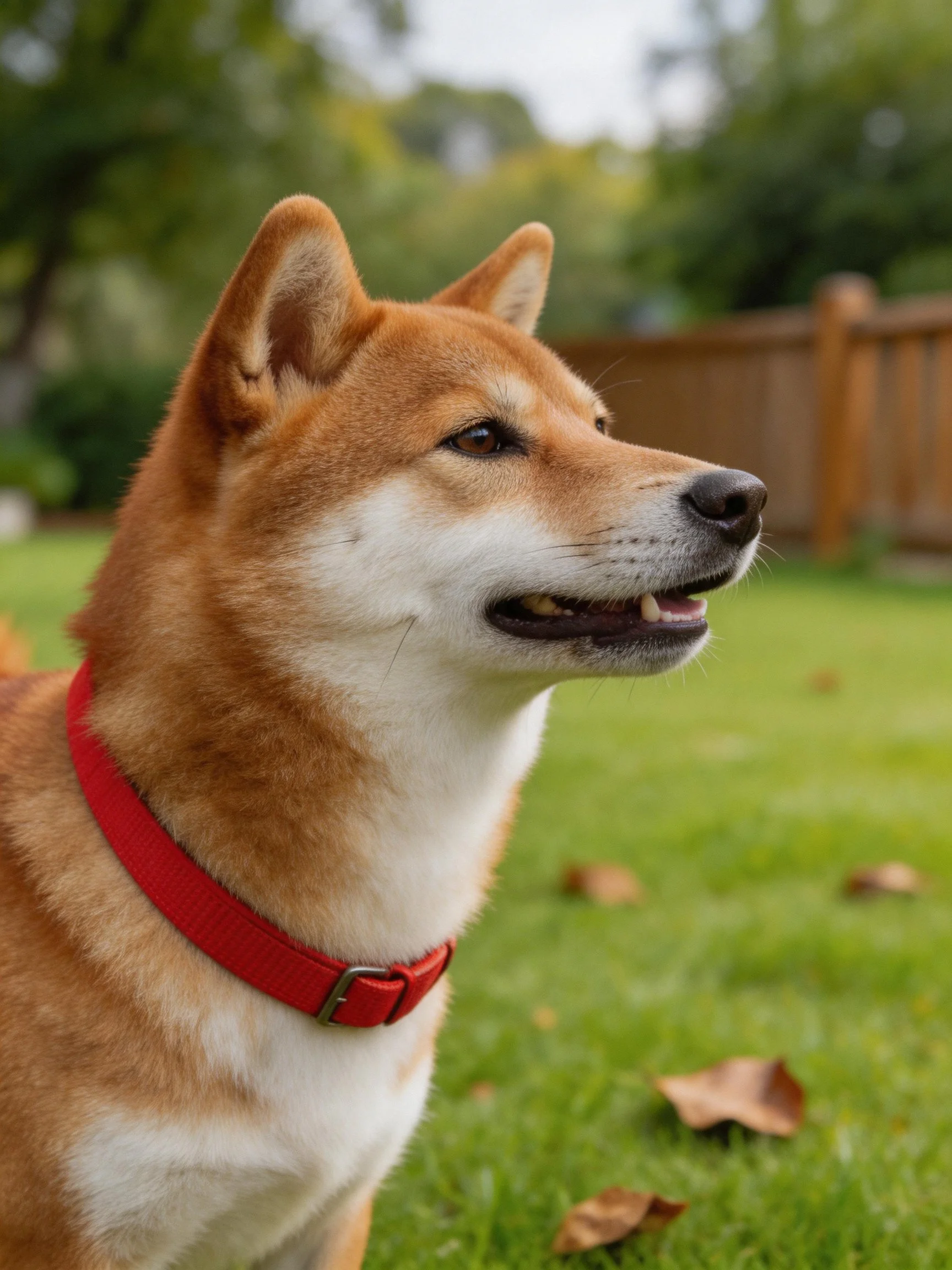 A Shiba Inu dog with a red collar in a grassy outdoor area