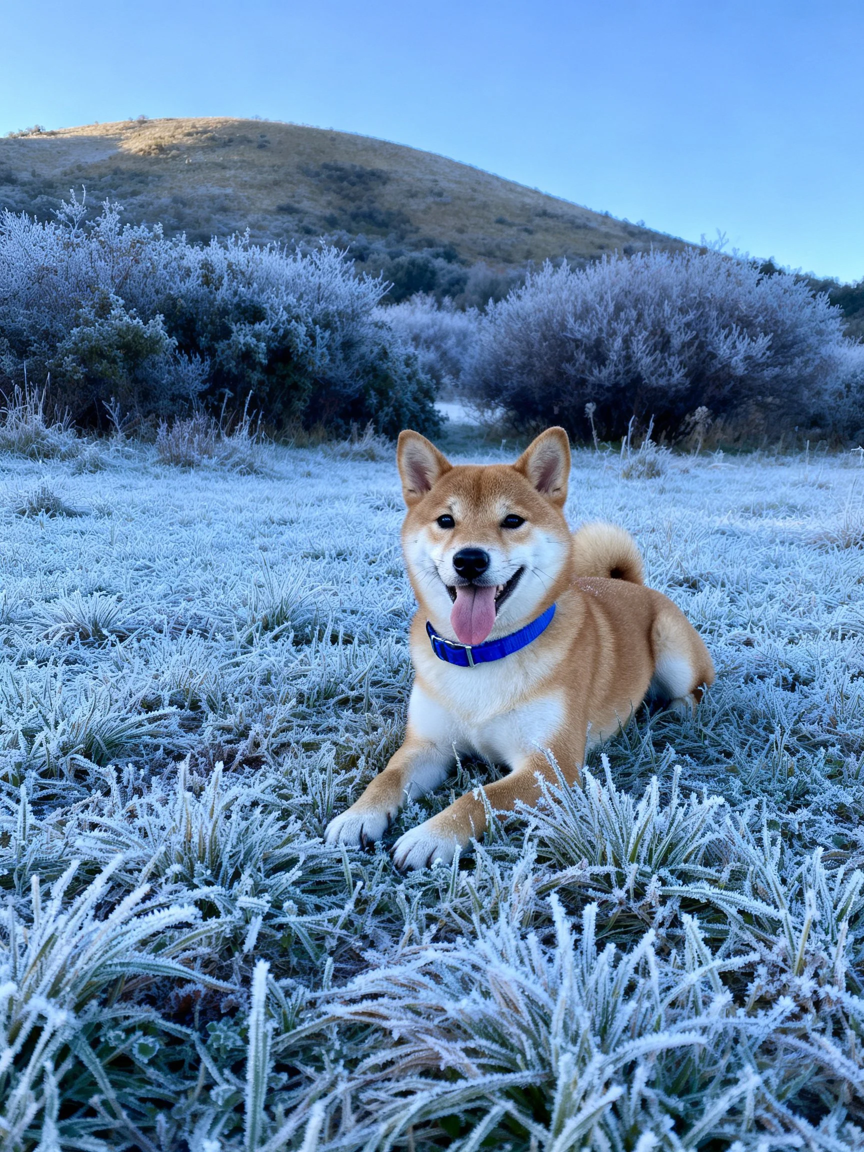 A Shiba Inu rests on frosty grassnear a hillside