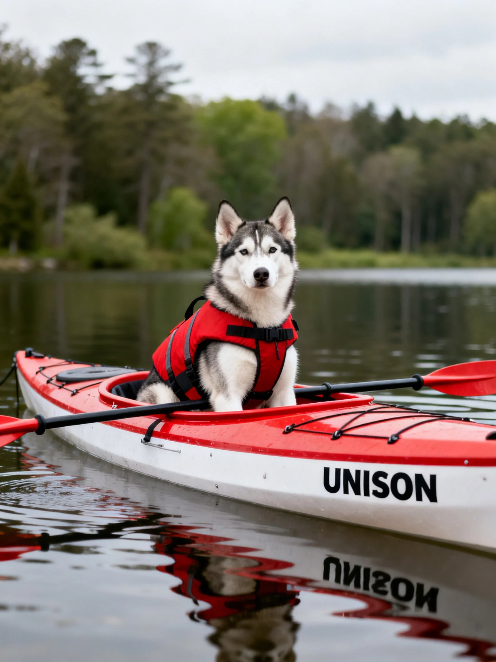 A Siberian Husky in a red life vest sits calmly in a red and white kayak on still water near trees.