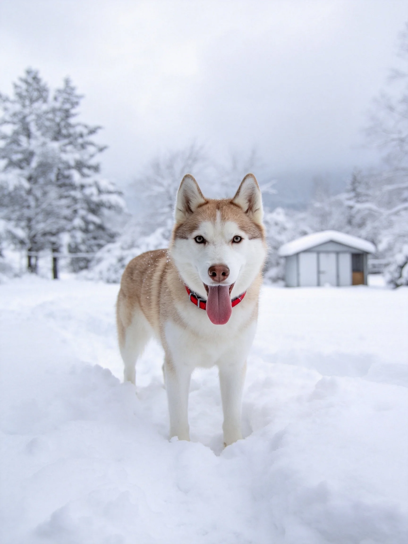 A Siberian Husky stands in deep snow within a snowy, forested winter setting.