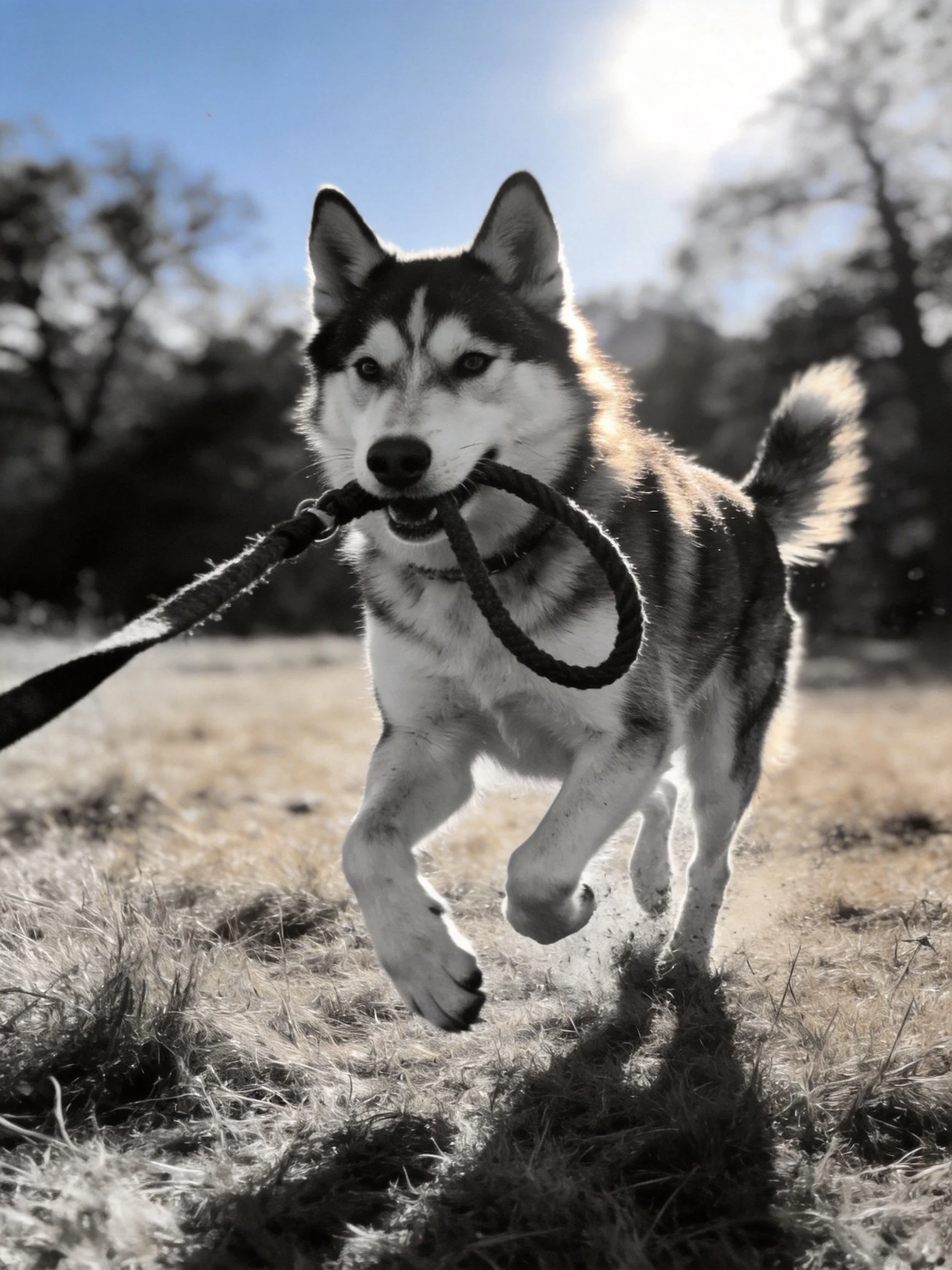 A Siberian Husky runs outside carrying a leash in its mouth.
