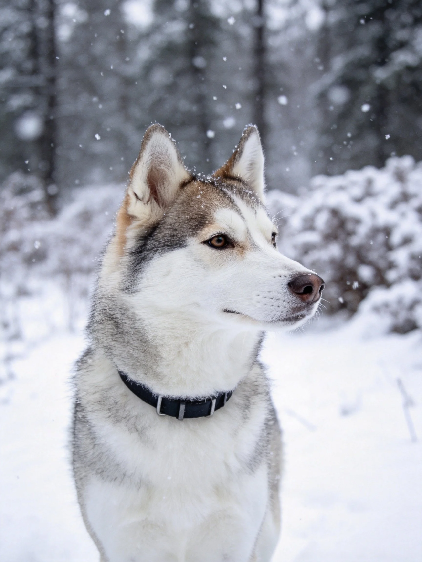 A Siberian Husky gazes into the distance in a peaceful snowy woodland setting.