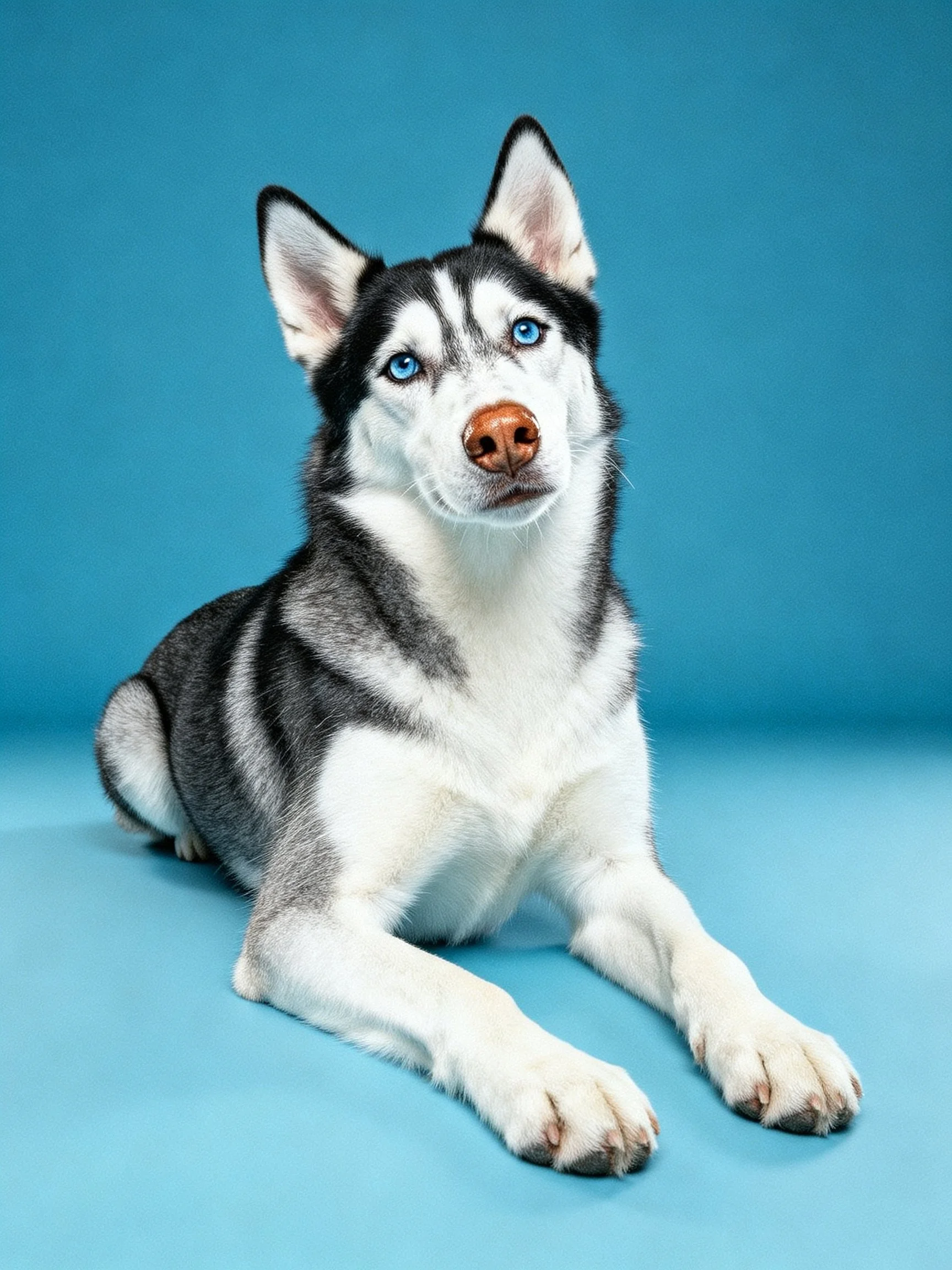 A Siberian Husky with black and white fur lies on a solid blue surface