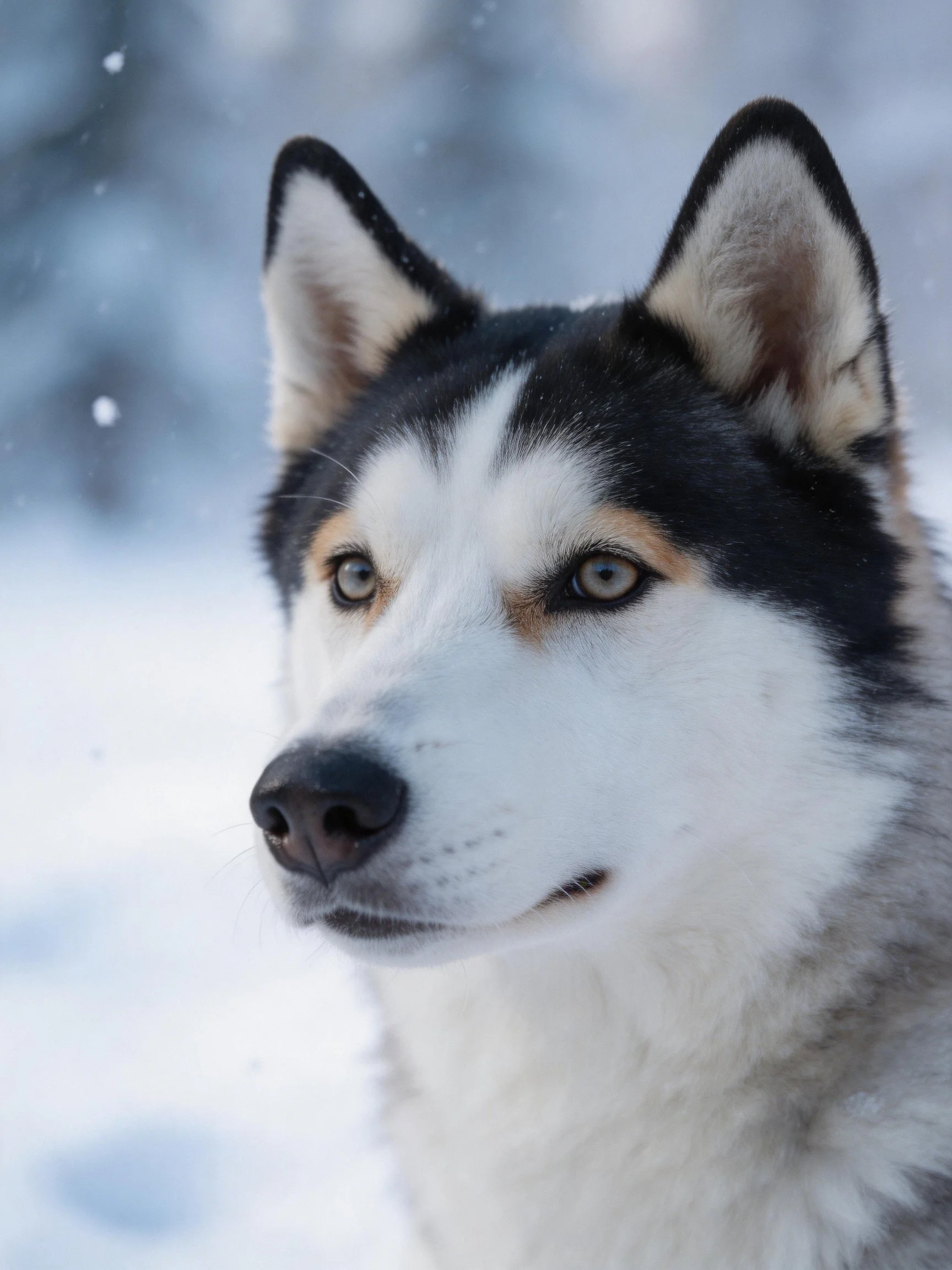 A Siberian Husky with distinctive facial markings is centered against a softly blurred snowy backdrop.