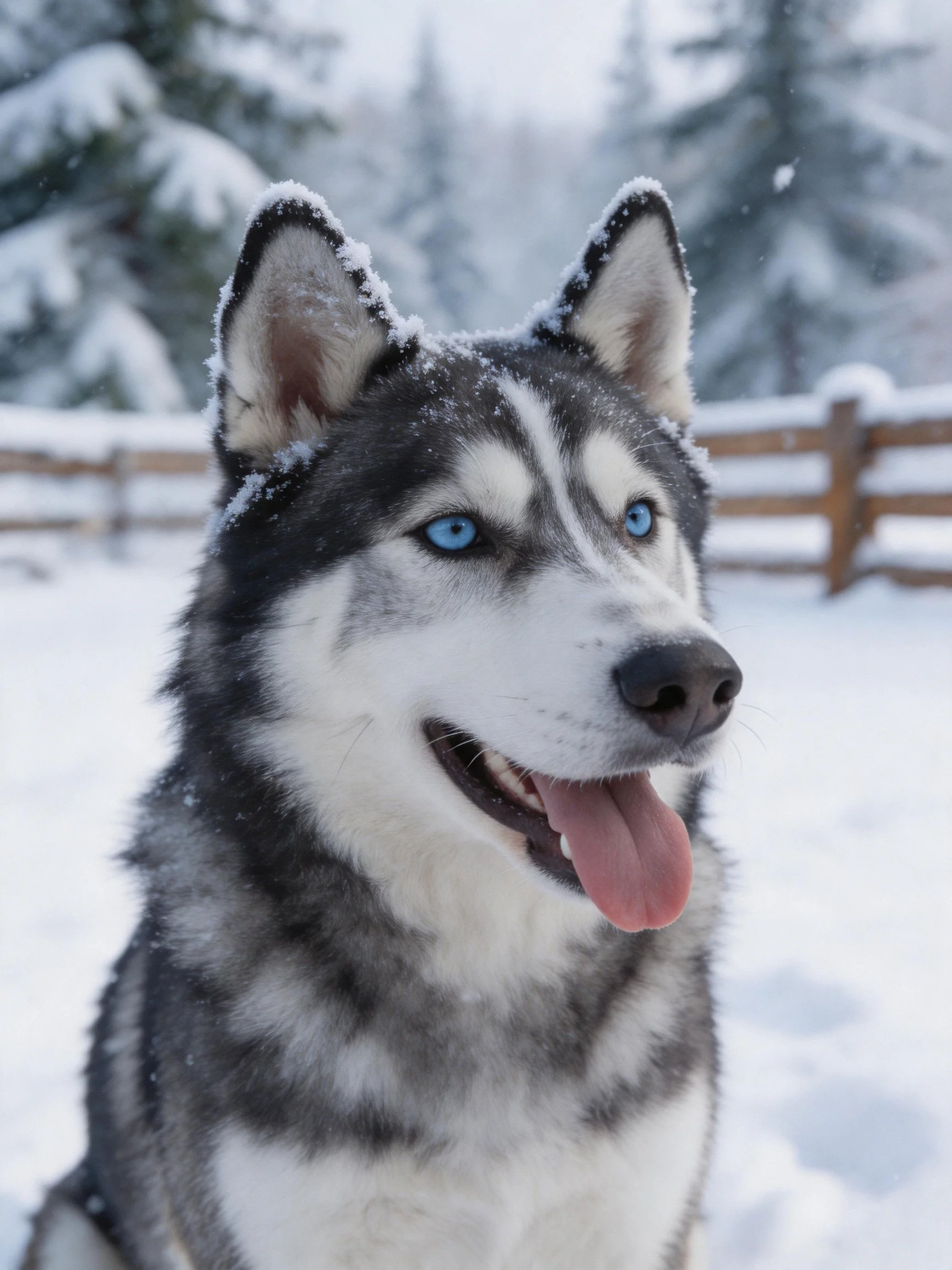 A Siberian Husky with blue eyes is outdoors in a snowy winter environment.