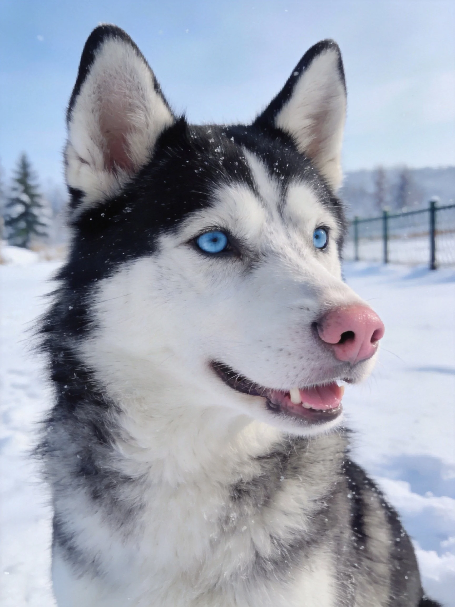 A Siberian Husky with blue eyes is in a snowy outdoor setting.
