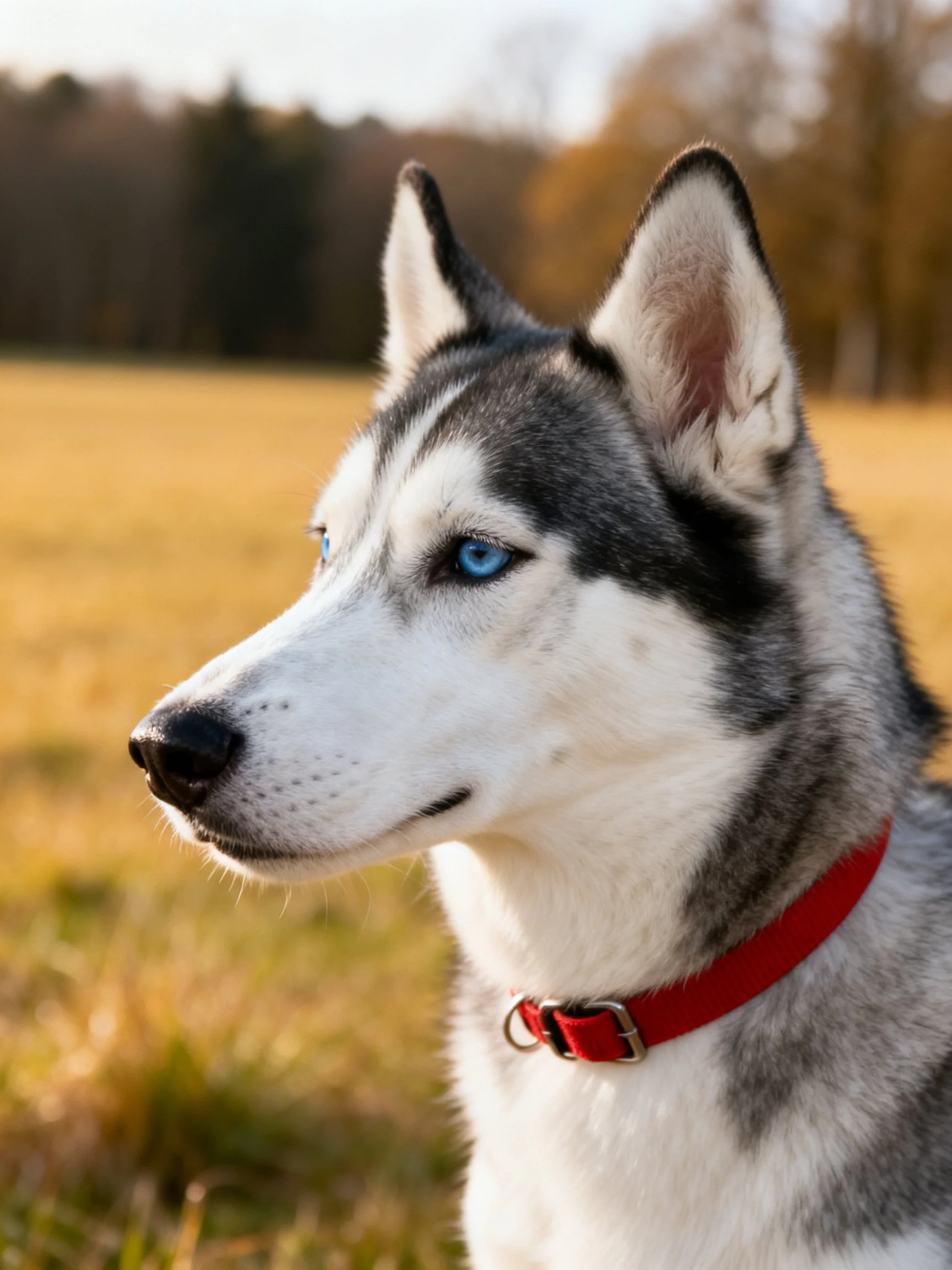 A Siberian Husky with blue eyes stands in a sunlit autumn field.