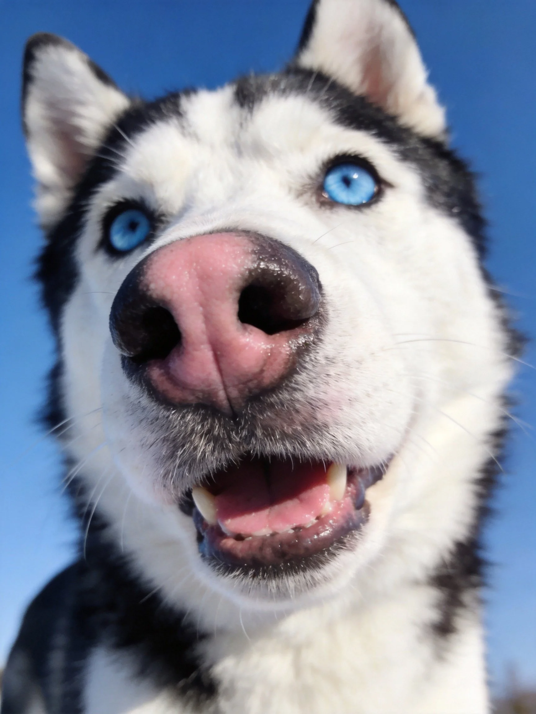 A Siberian Husky with bright blue eyes and black - white fur in a close - up