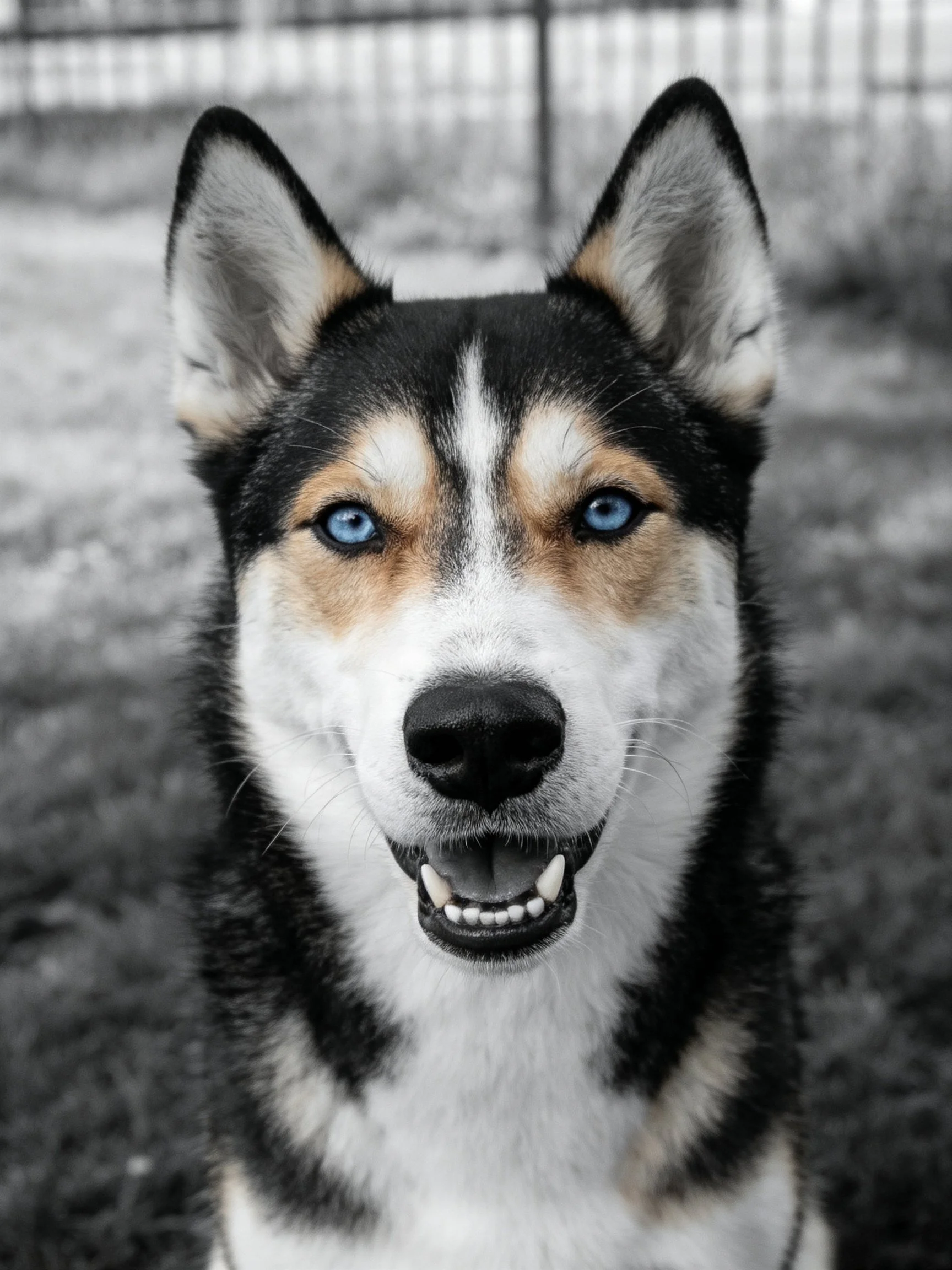 A Siberian Husky with bright blue eyes and tricolor fur