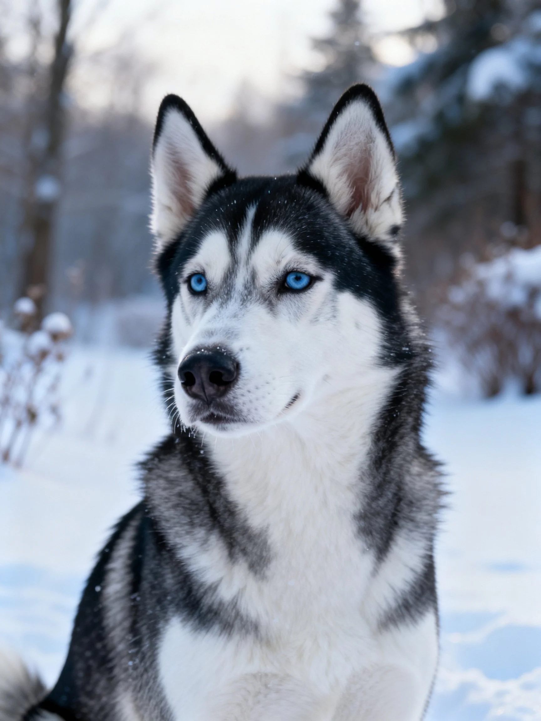 A Siberian Husky with blue eyes is in a snowy outdoor setting.