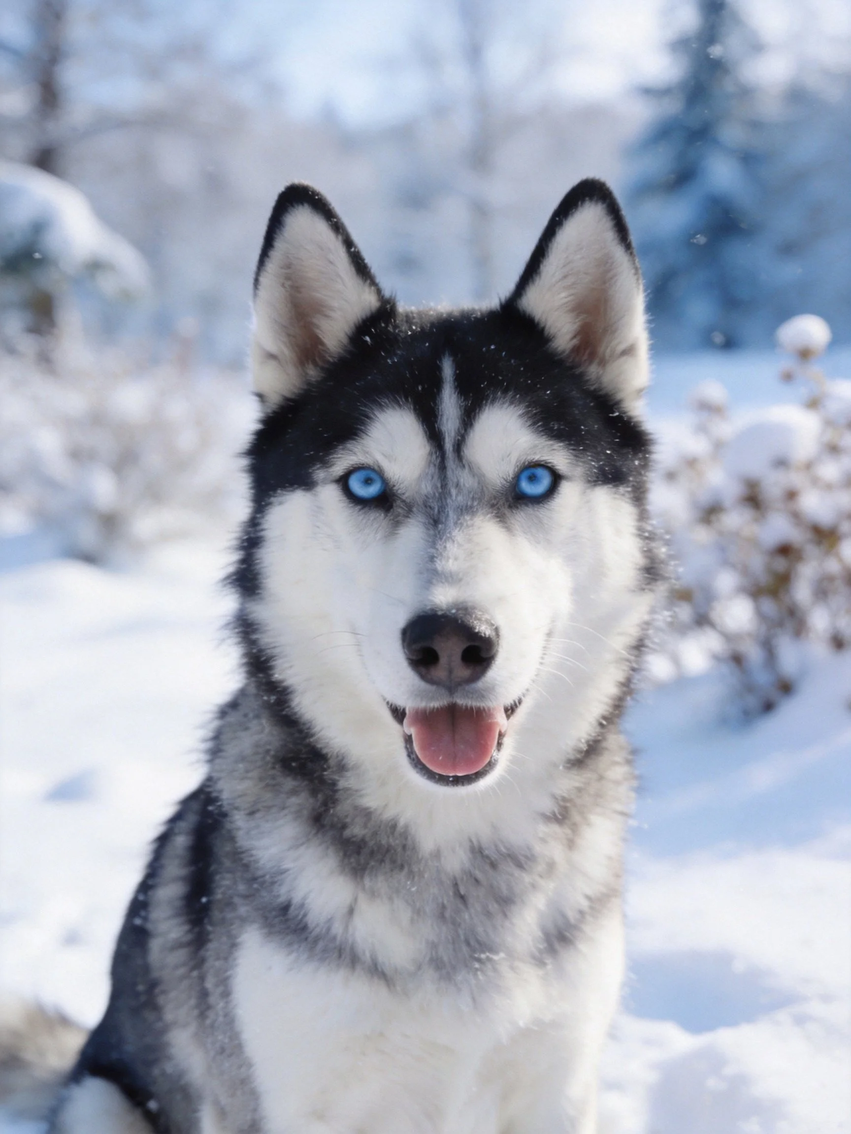 A Siberian Husky with blue eyes sits contentedly in a snowy environment.