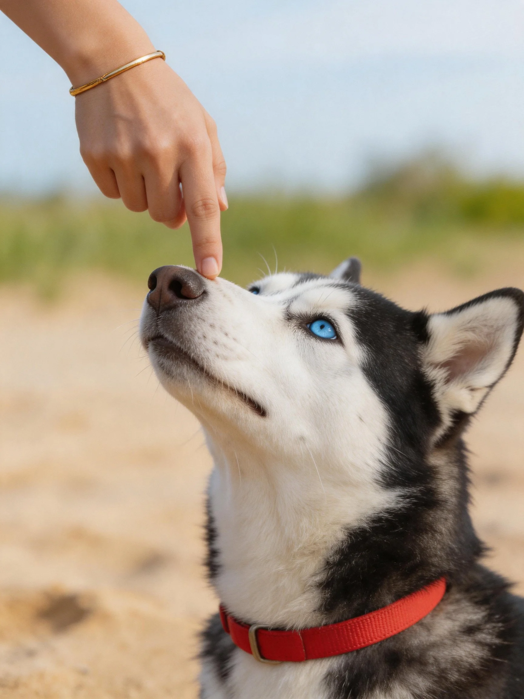 A Siberian Husky with blue eyes interacts with a hand touching its nose outdoors