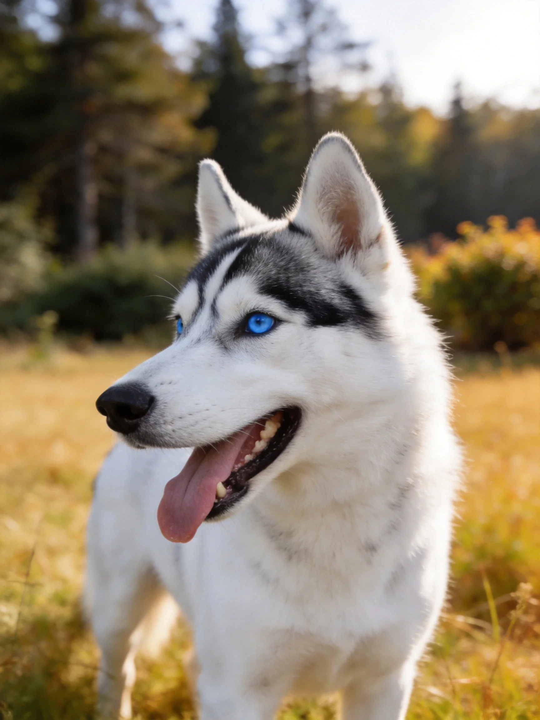 A Siberian Husky with striking blue eyes stands contentedly in a sunlit field.