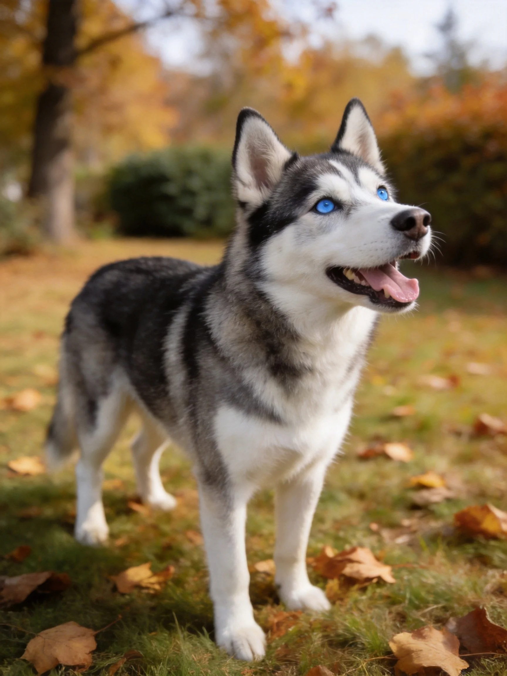 A Siberian Husky with blue eyes stands happily in an autumn park.
