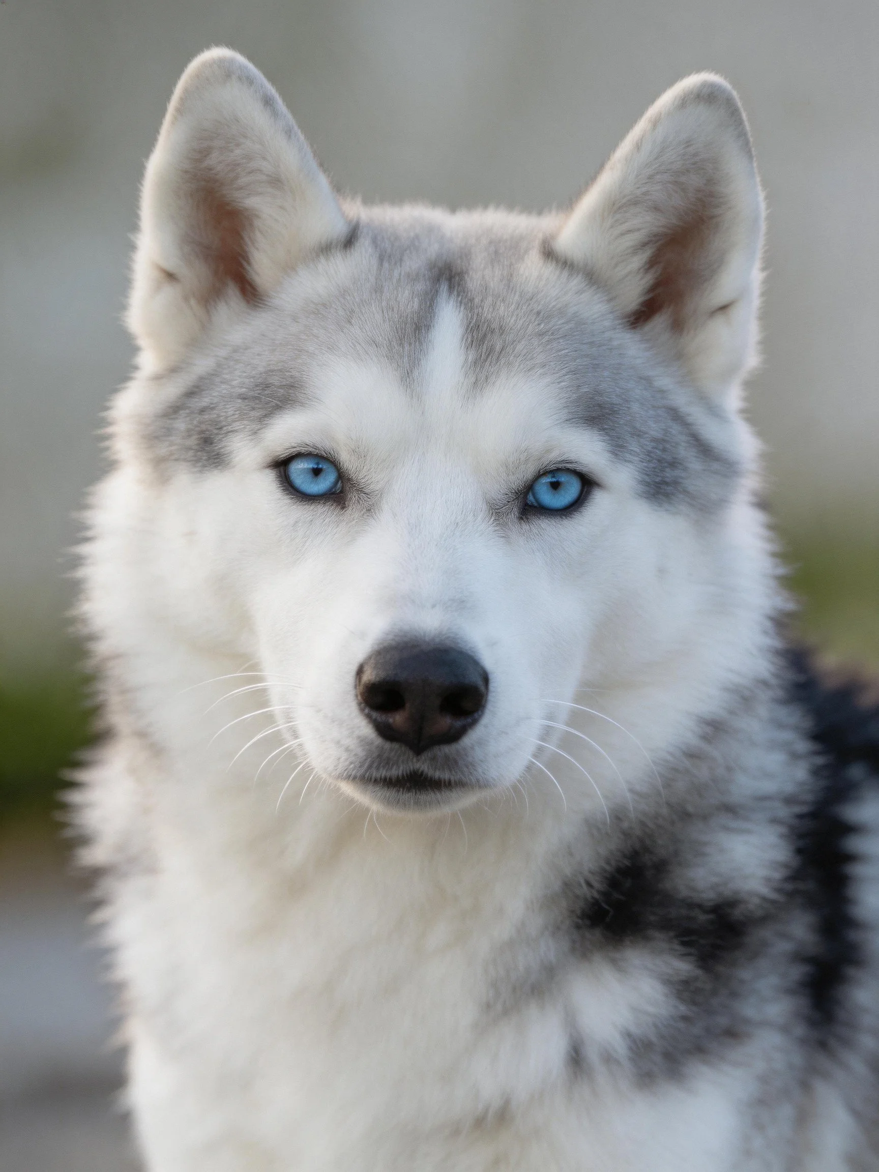 A Siberian Husky with gray and white fur and striking blue eyes