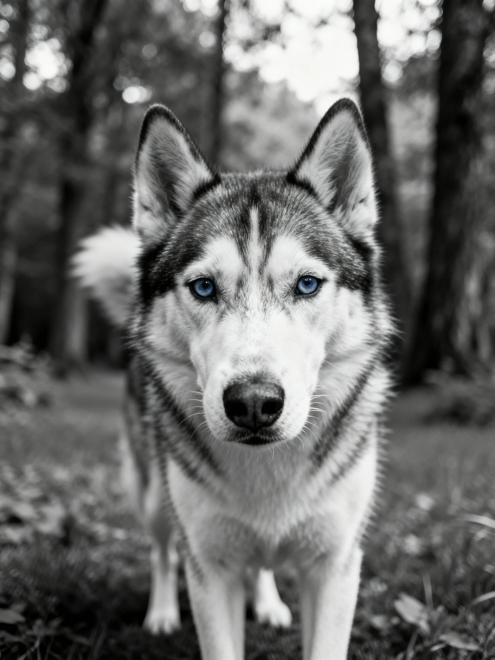 A Siberian Husky stands alert amid forest trees.