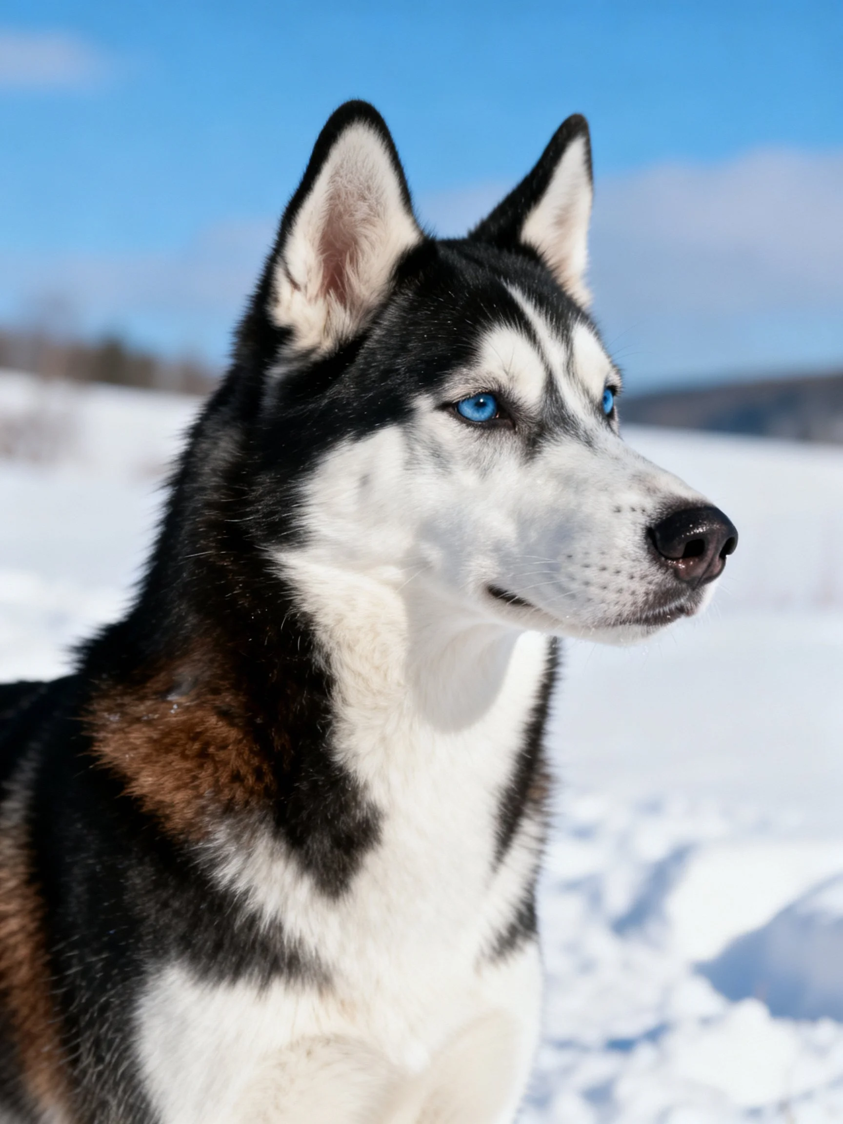 A Siberian Husky with blue eyes stands alert in a snowy landscape.