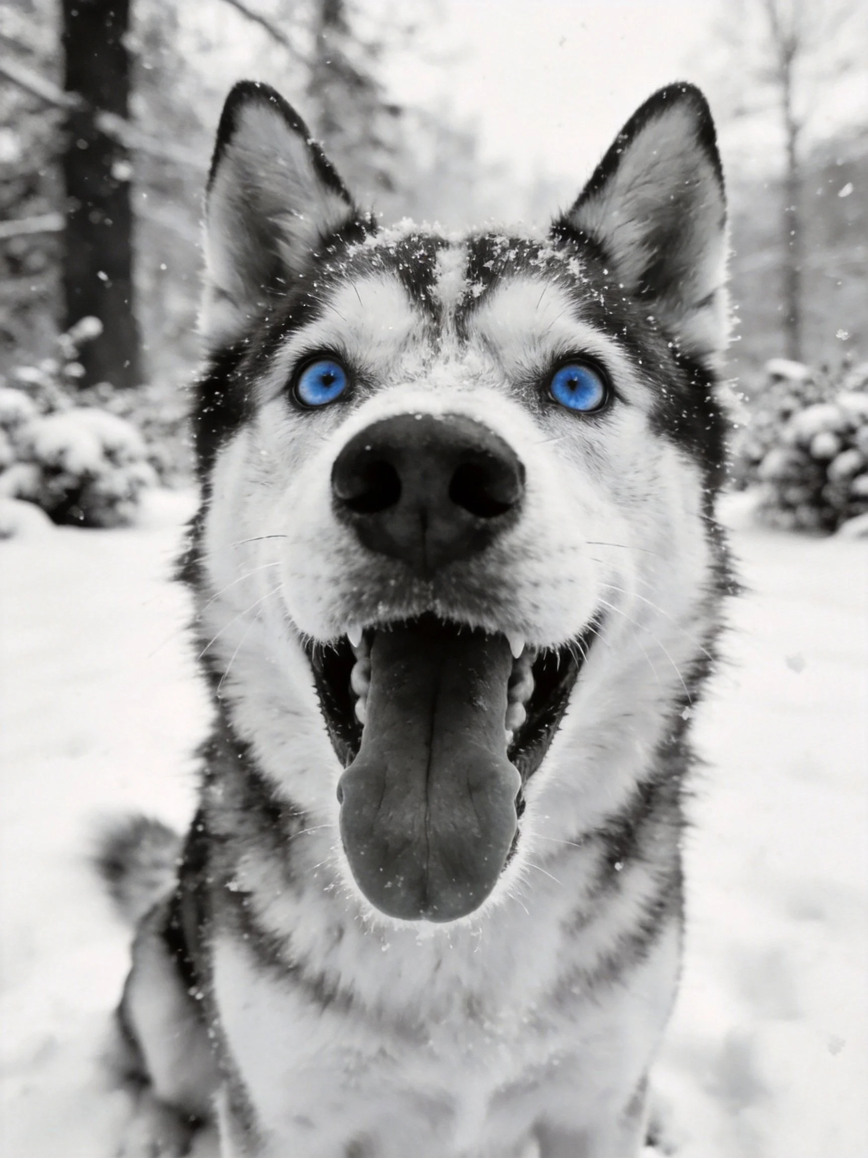 A Siberian Husky with blue eyes appears cheerful in a snowy setting.