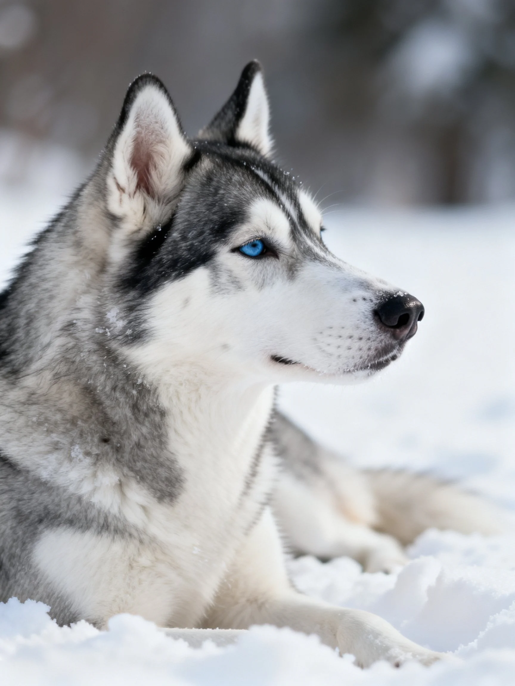 A Siberian Husky with blue eyes lies calmly in a snowy landscape.