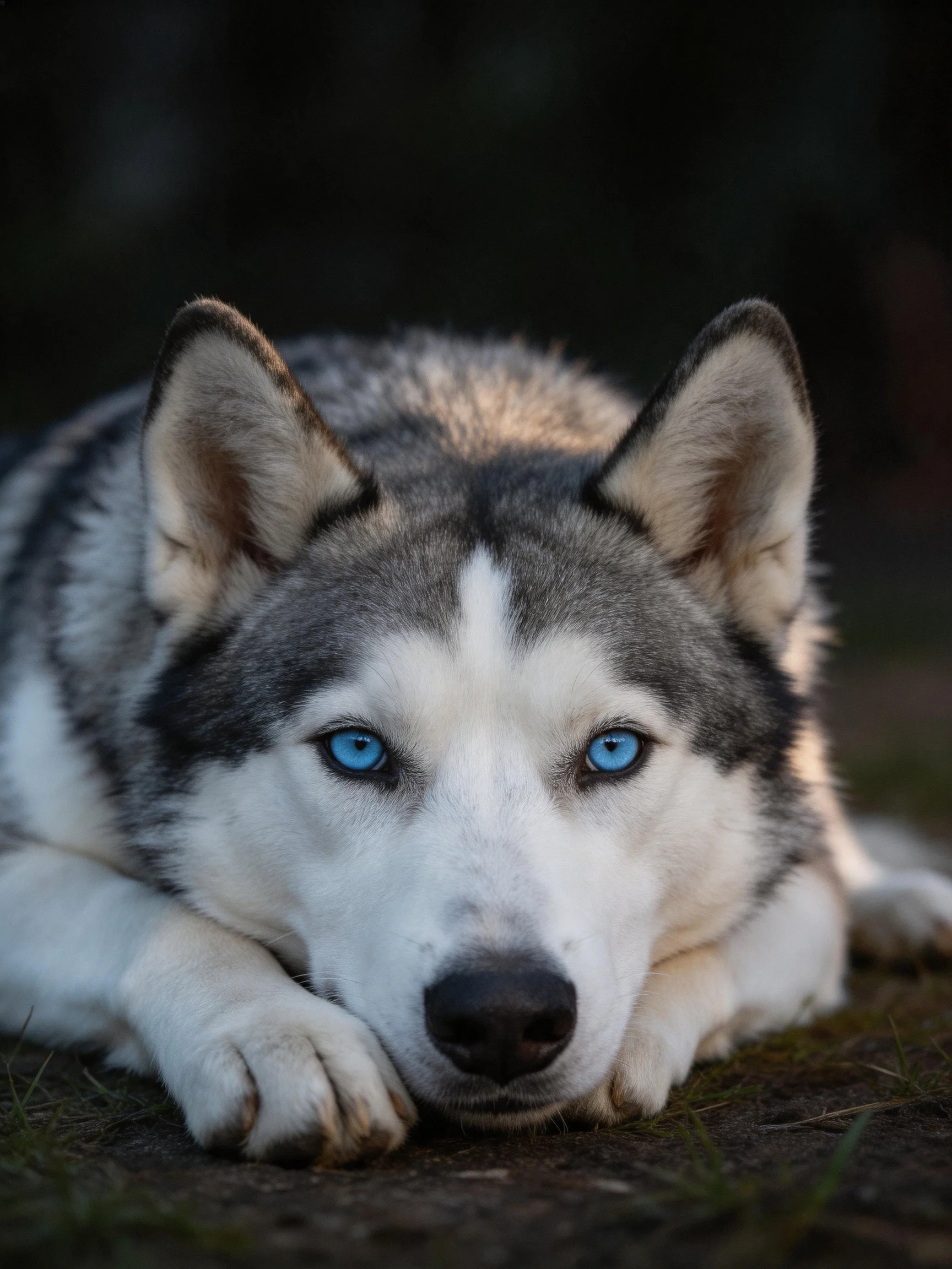 A Siberian Husky with bright blue eyes lies calmly on a dark surface.