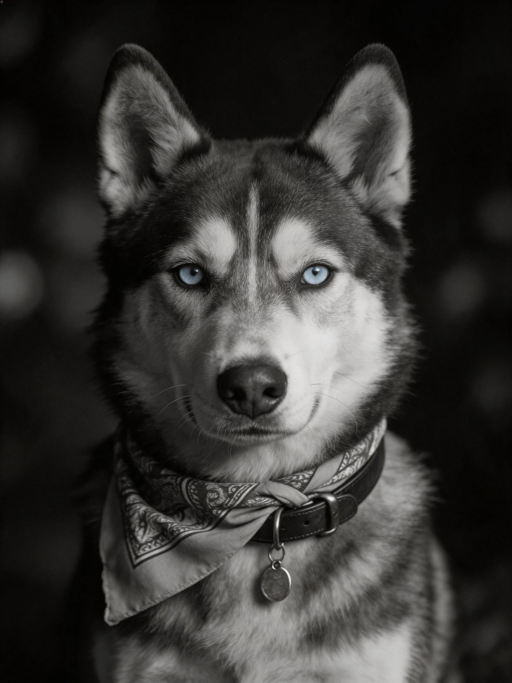 A Siberian Husky with blue eyes is photographed in monochrome while wearing a bandana.
