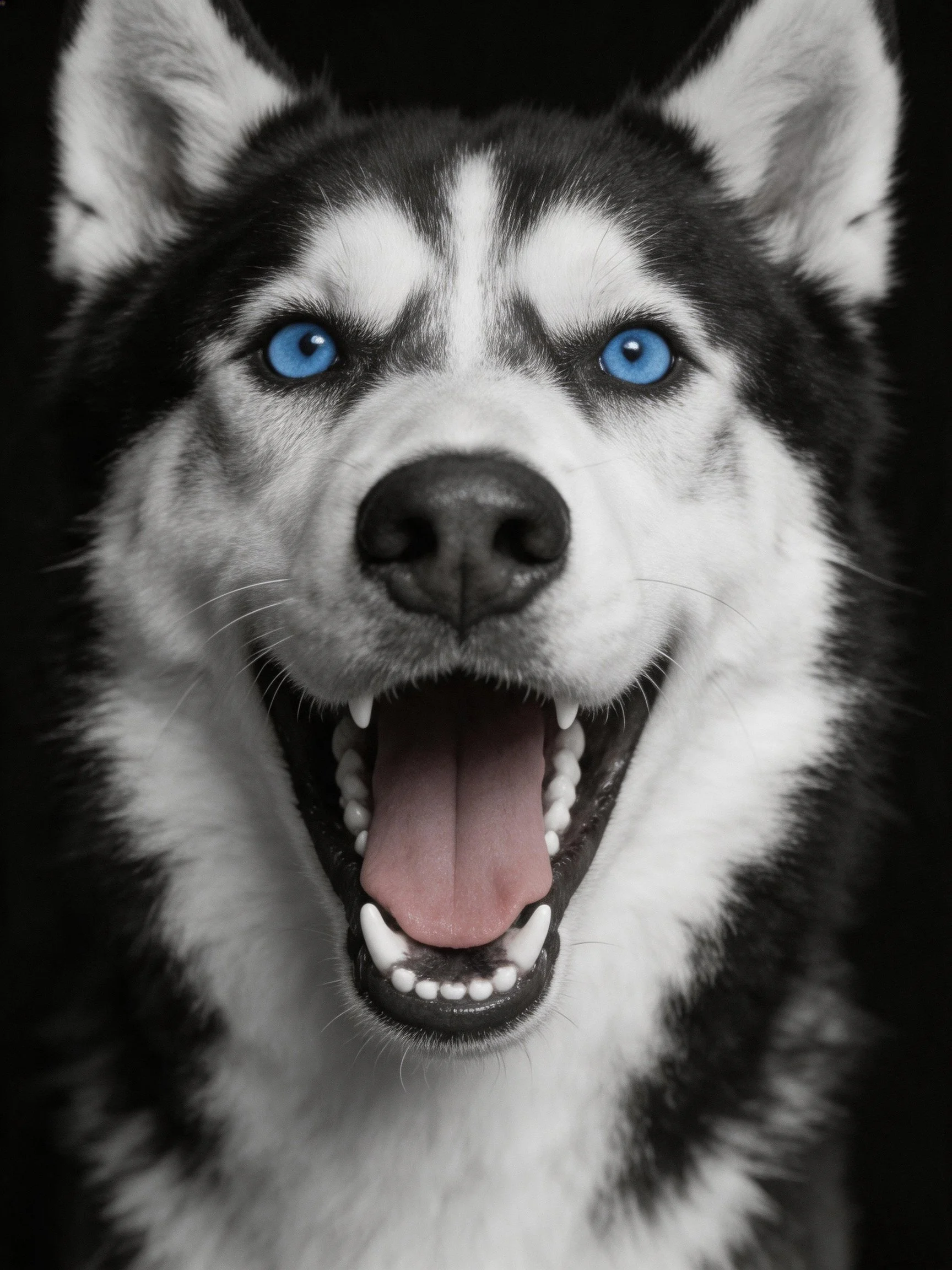 A Siberian Husky with vivid blue eyes and black-and-white fur