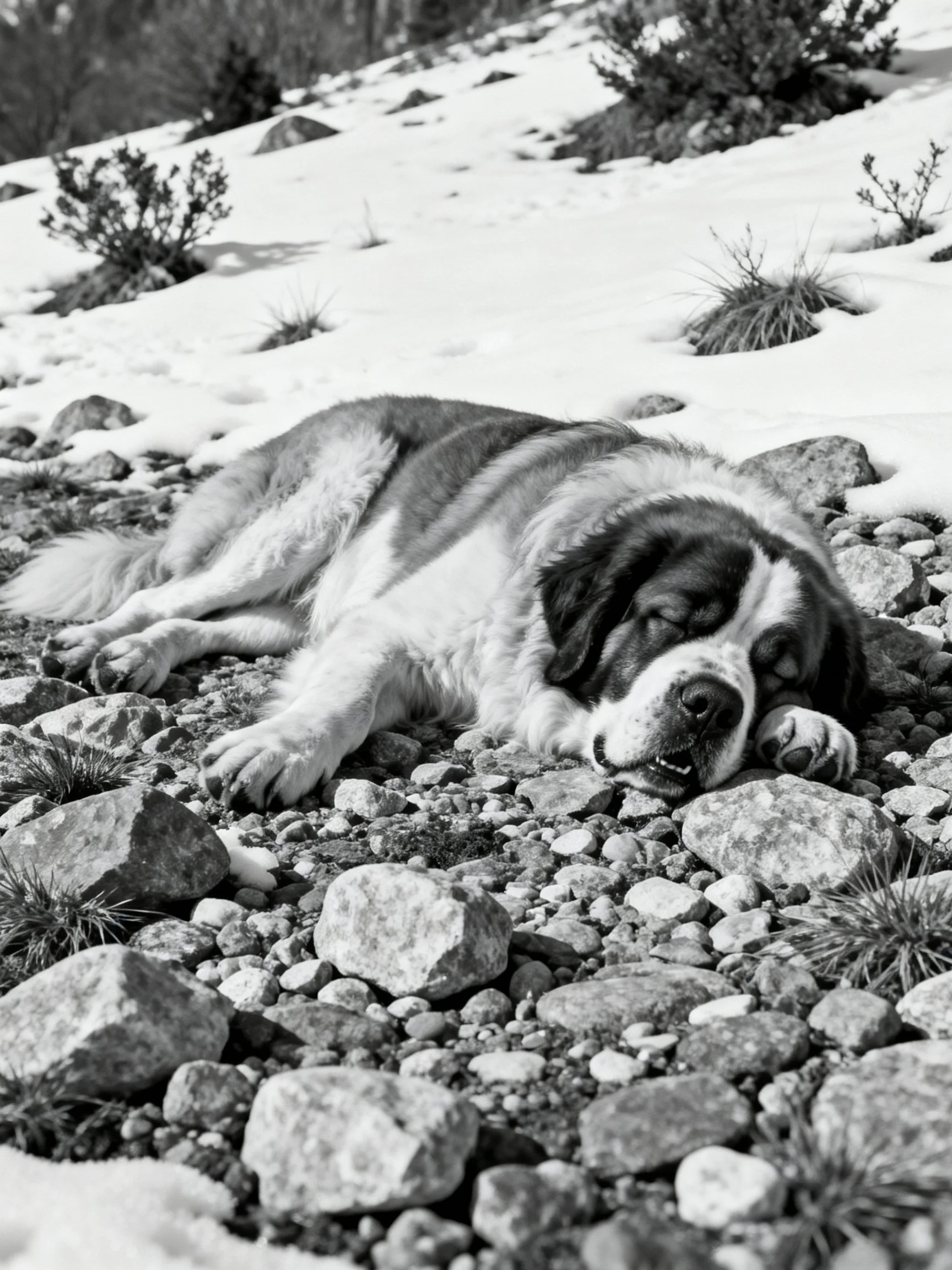 A St. Bernard sleeps on rocky ground surrounded by patches of snow