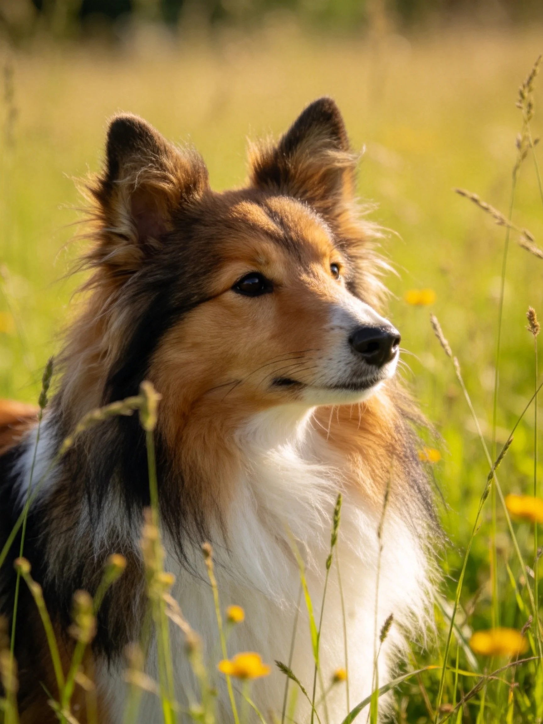 A Tri-Color Sheltie Dog in a Sunlit Meadow with Tall Grass