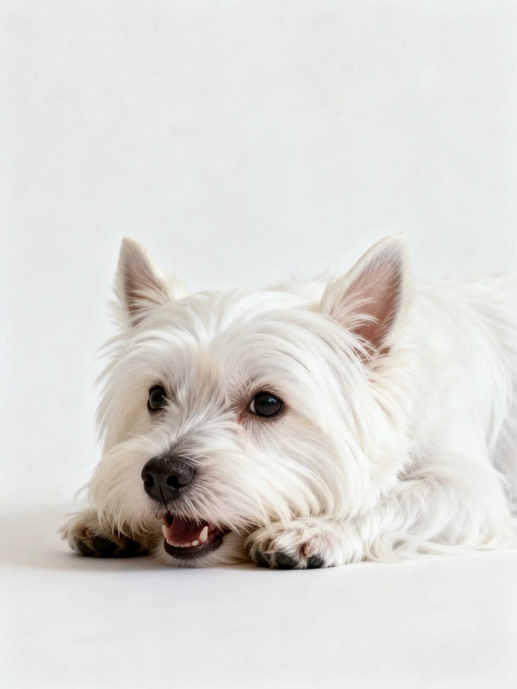 A West Highland White Terrier relaxes on a simple white background.