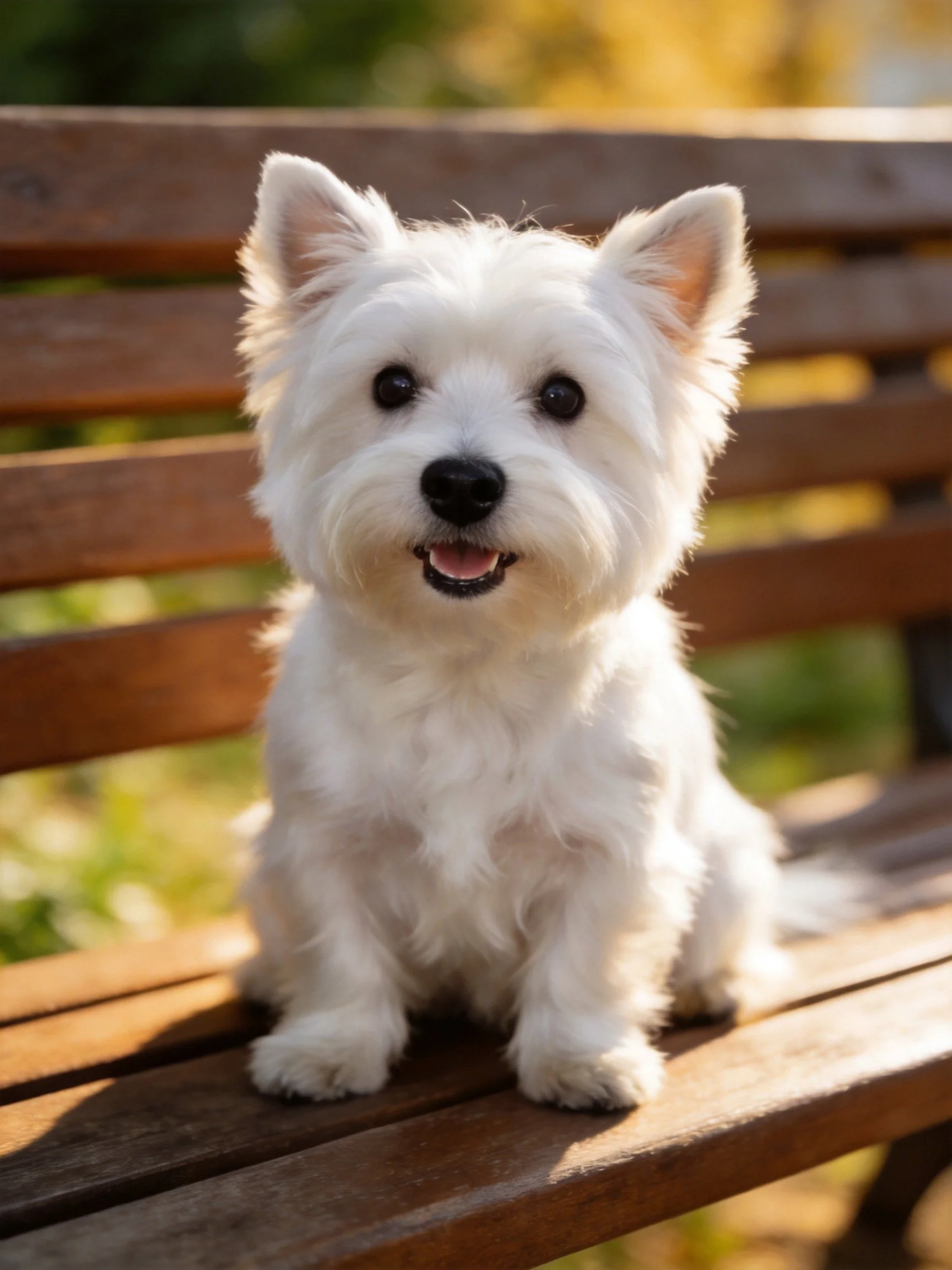 A West Highland White Terrier sits cheerfully on a wooden bench in an outdoor setting.