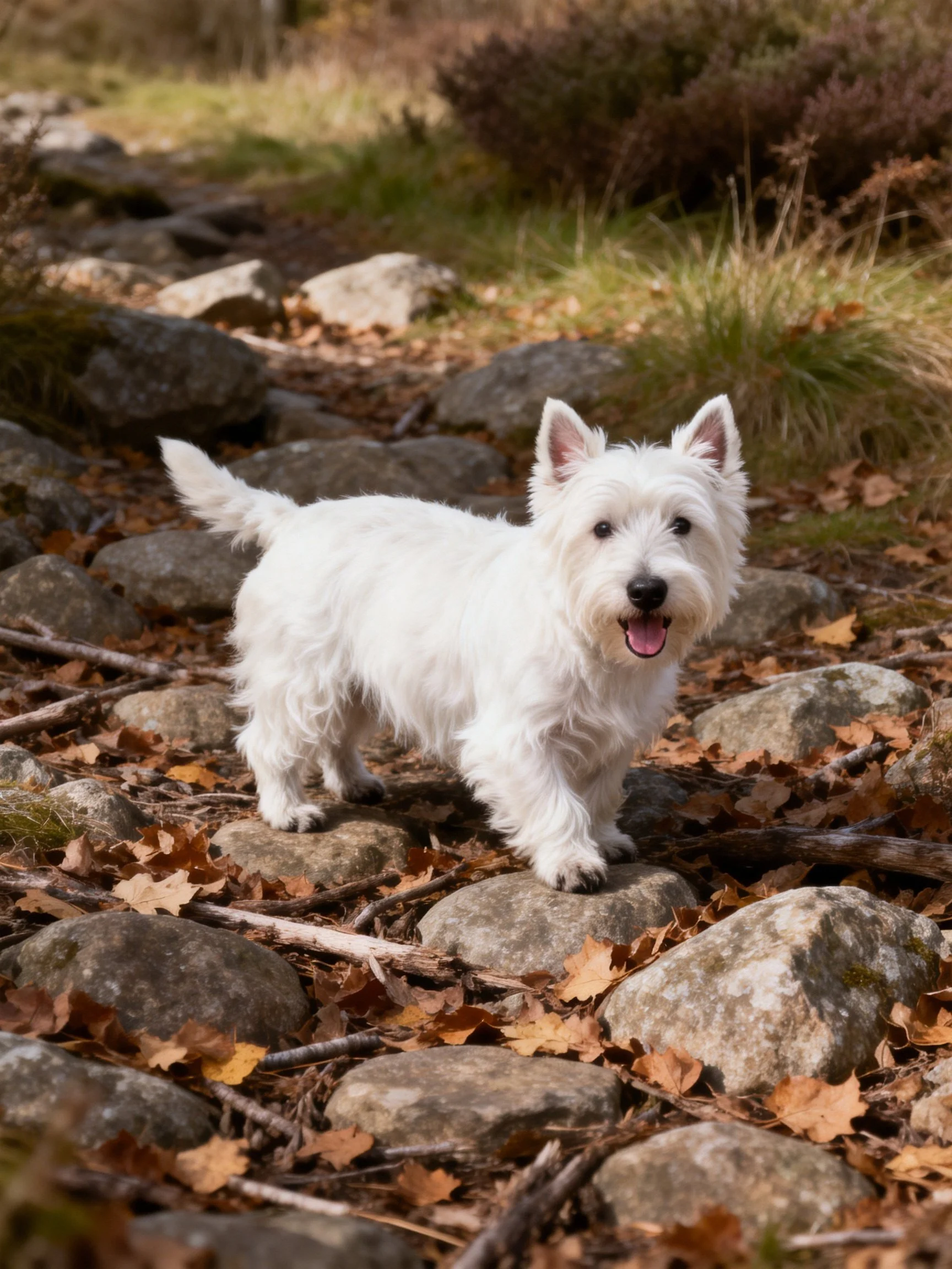 A West Highland White Terrier stands on a rocky path with autumn foliage