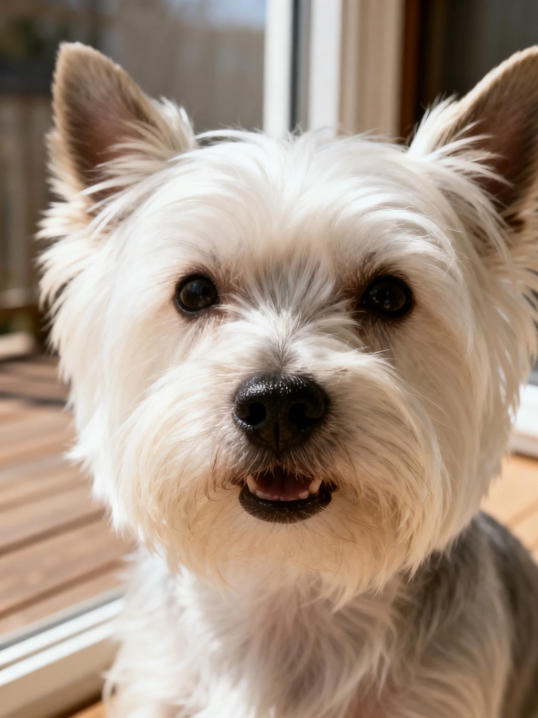 A West Highland White Terrier with fluffy white fur looks directly at the viewer.