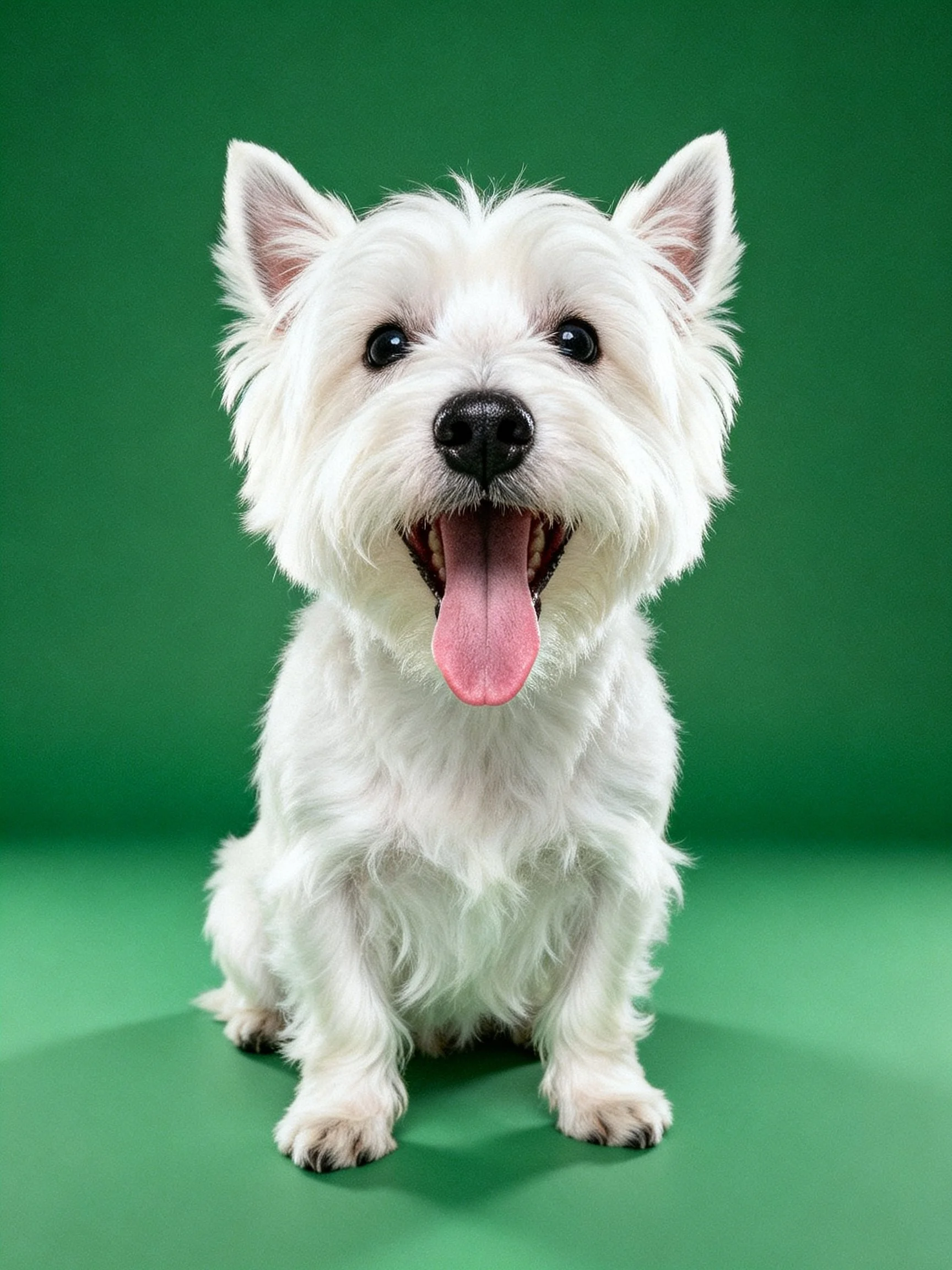 A West Highland White Terrier sits happily against a solid green background.
