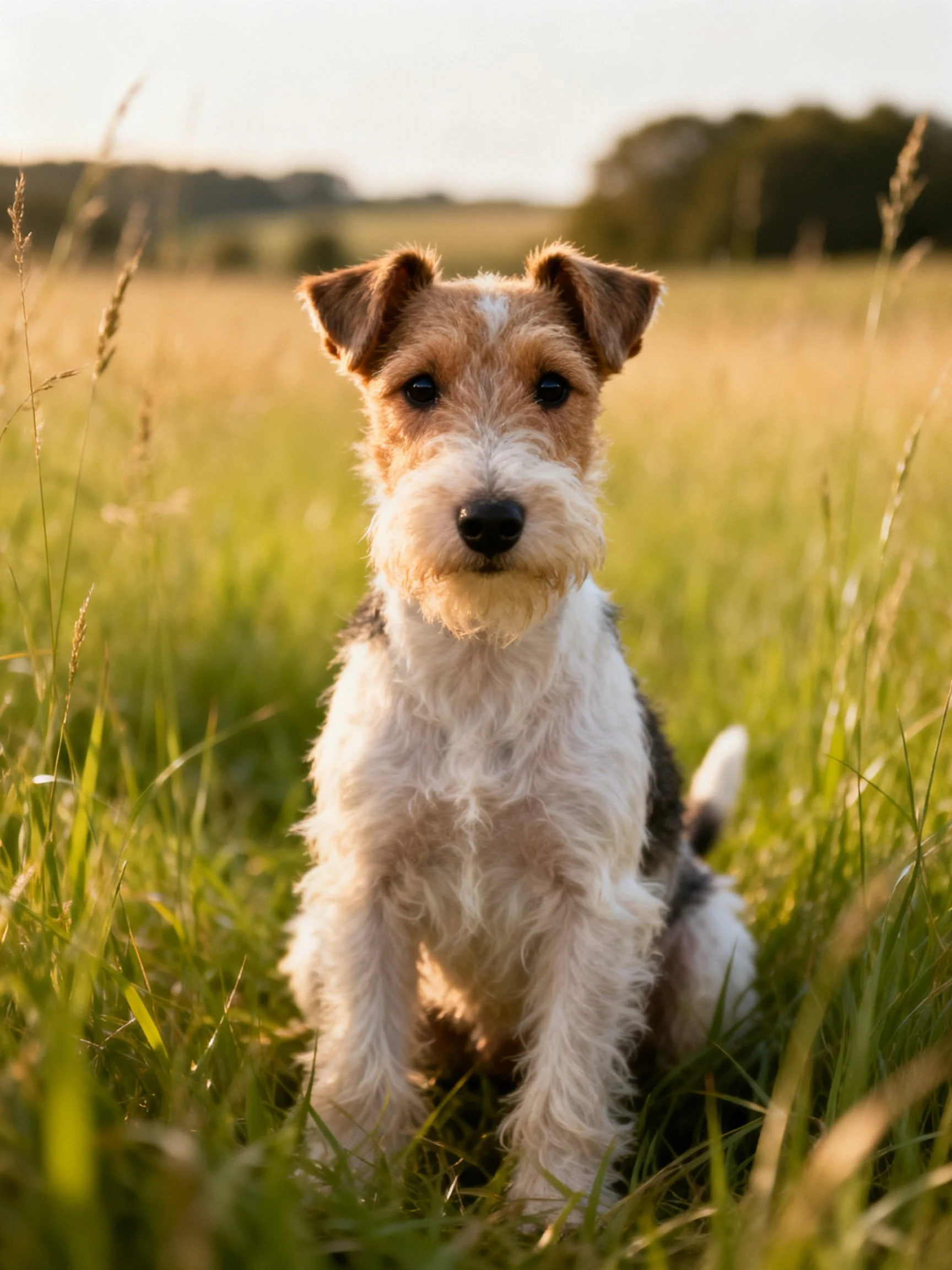 A Wire Fox Terrier rests among tall, sunlit grass in an open field.