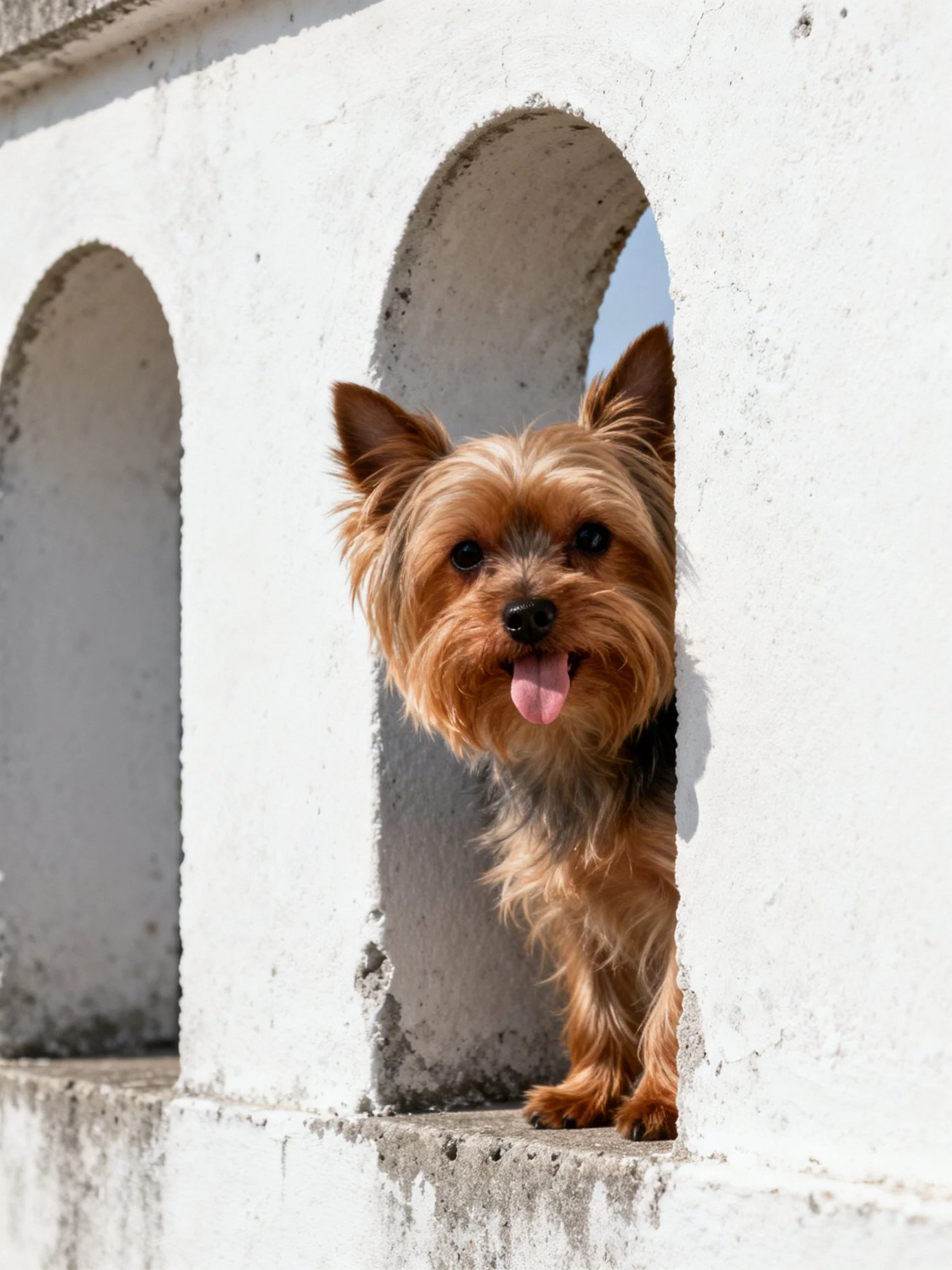 A small Yorkshire Terrier looks out from an arched opening in a white wall.