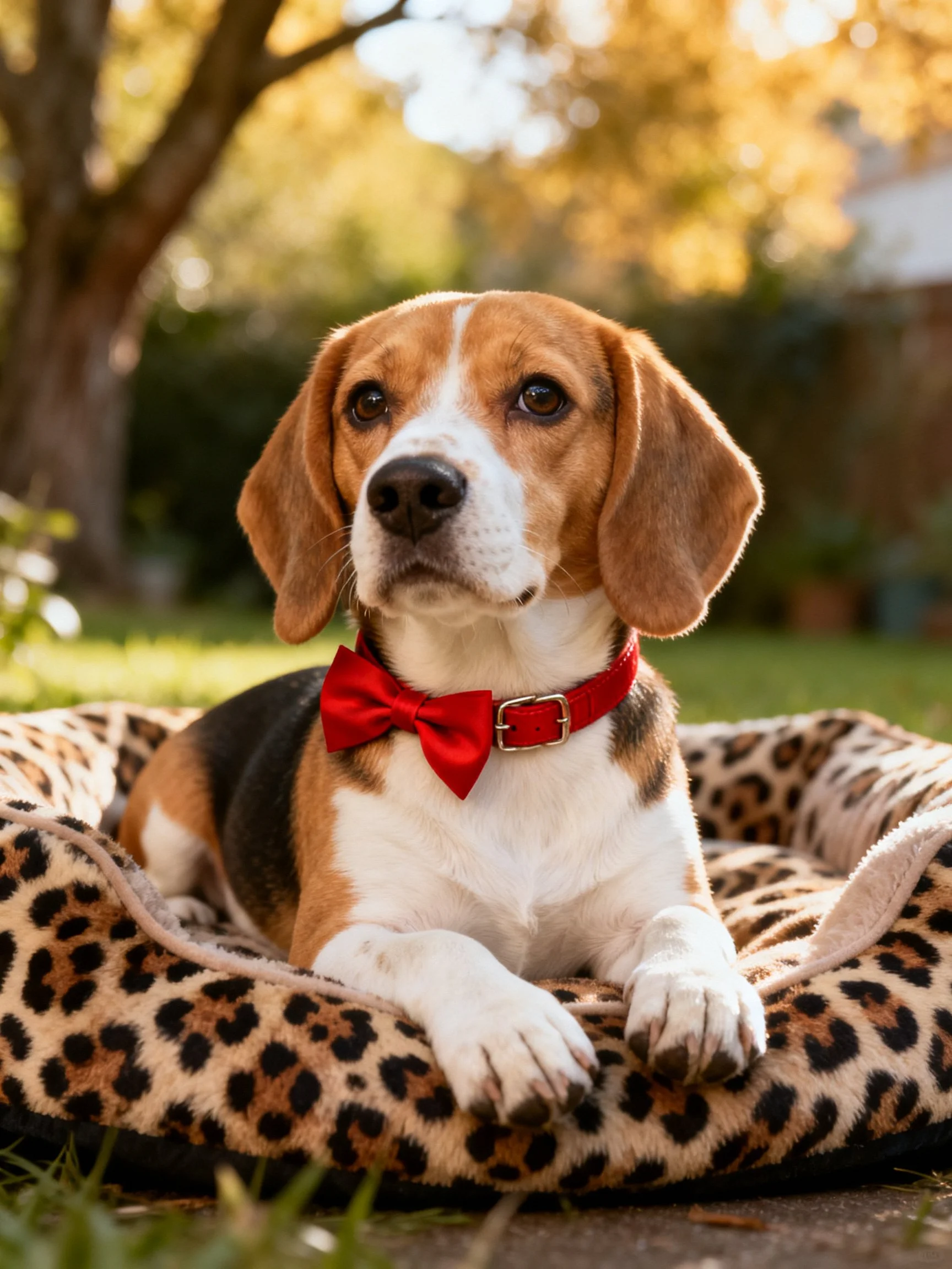 A beagle dog resting in a leopard-print bed with a red bow tie collar