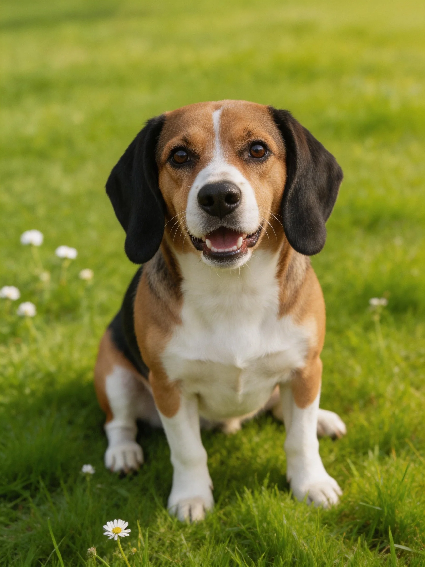 A beagle dog sits calmly on green grass amid small white flowers.