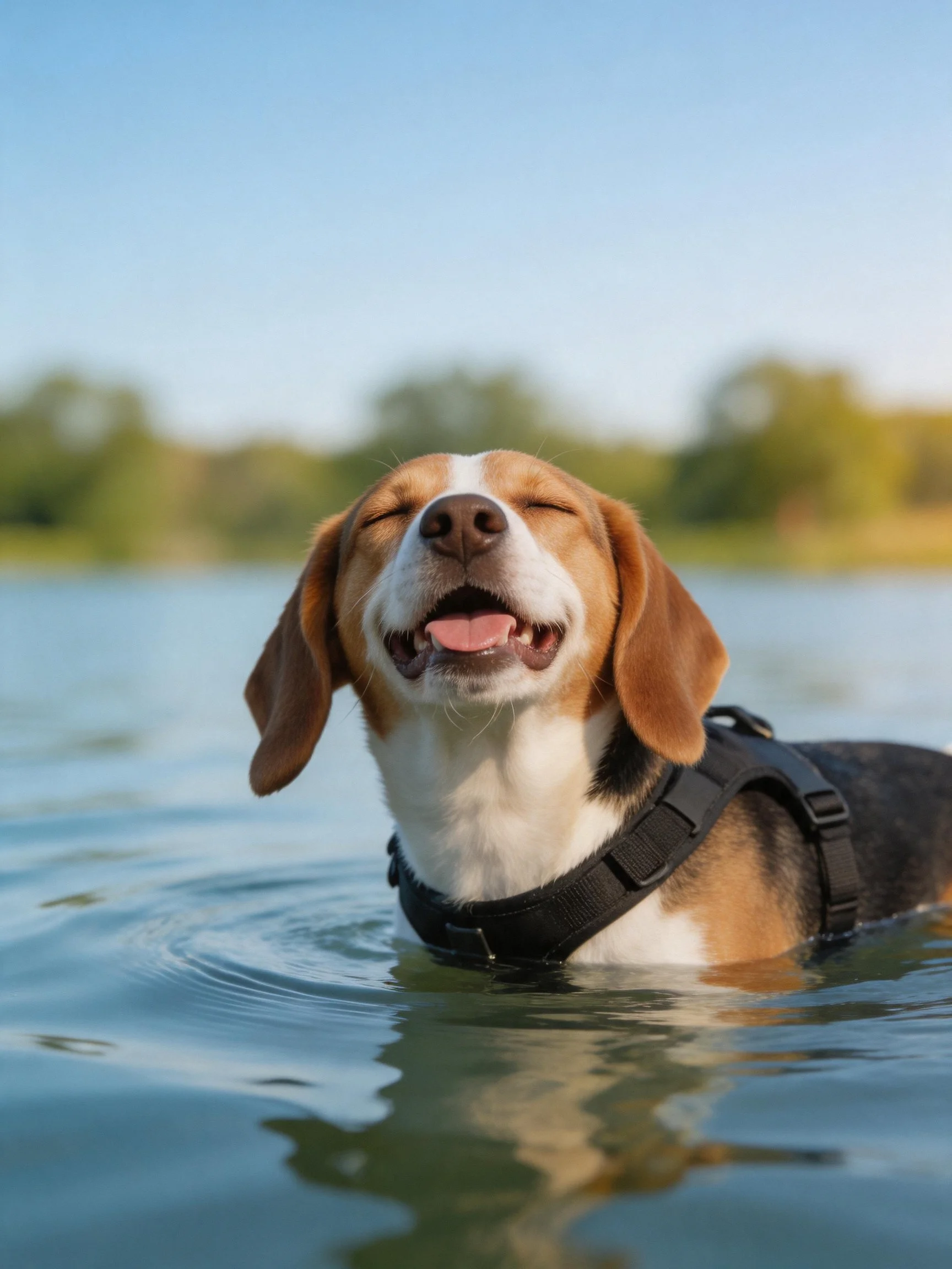A beagle dog swims joyfully in calm water