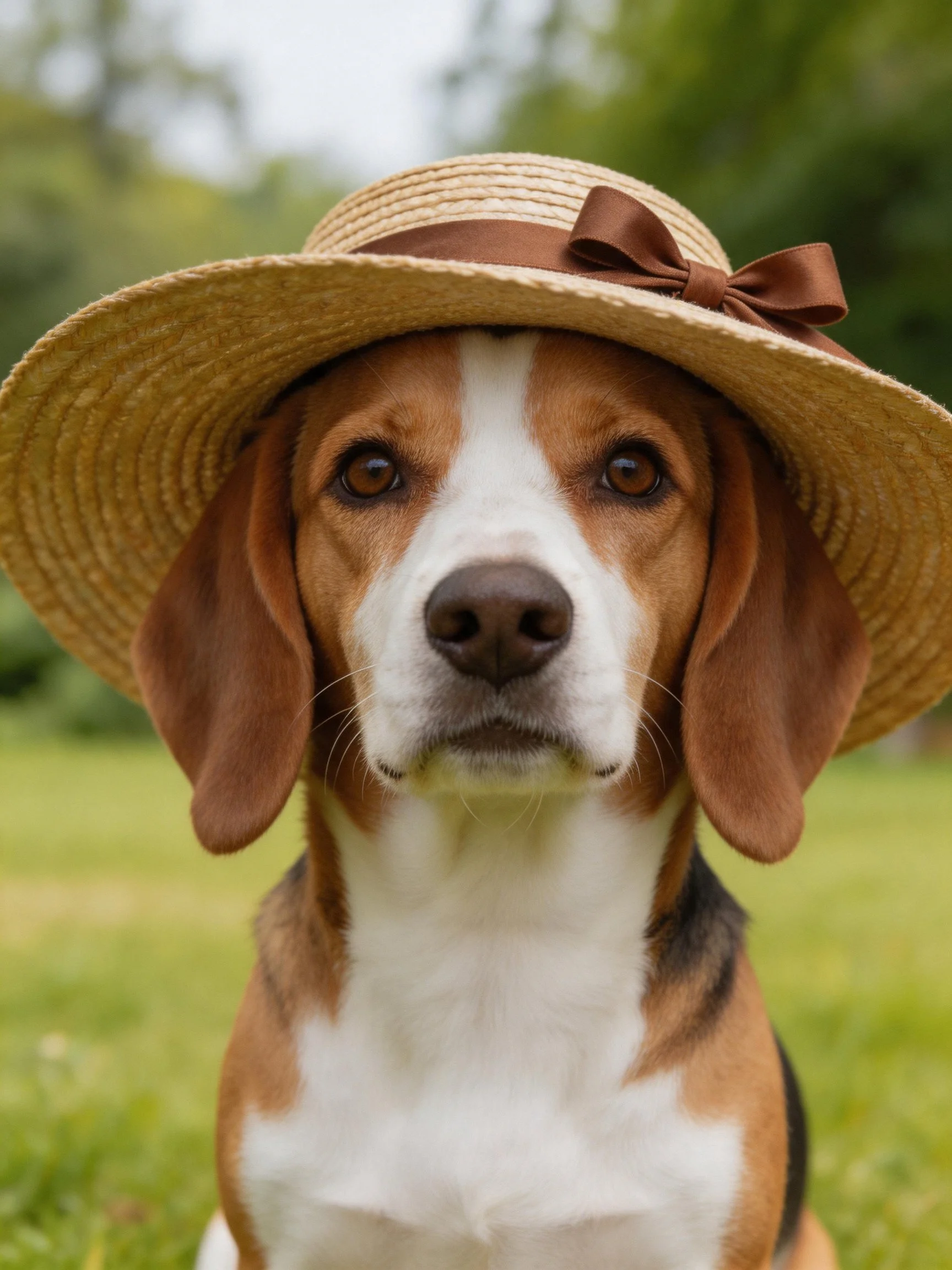 A beagle dog wearing a large straw hat with brown ribbon